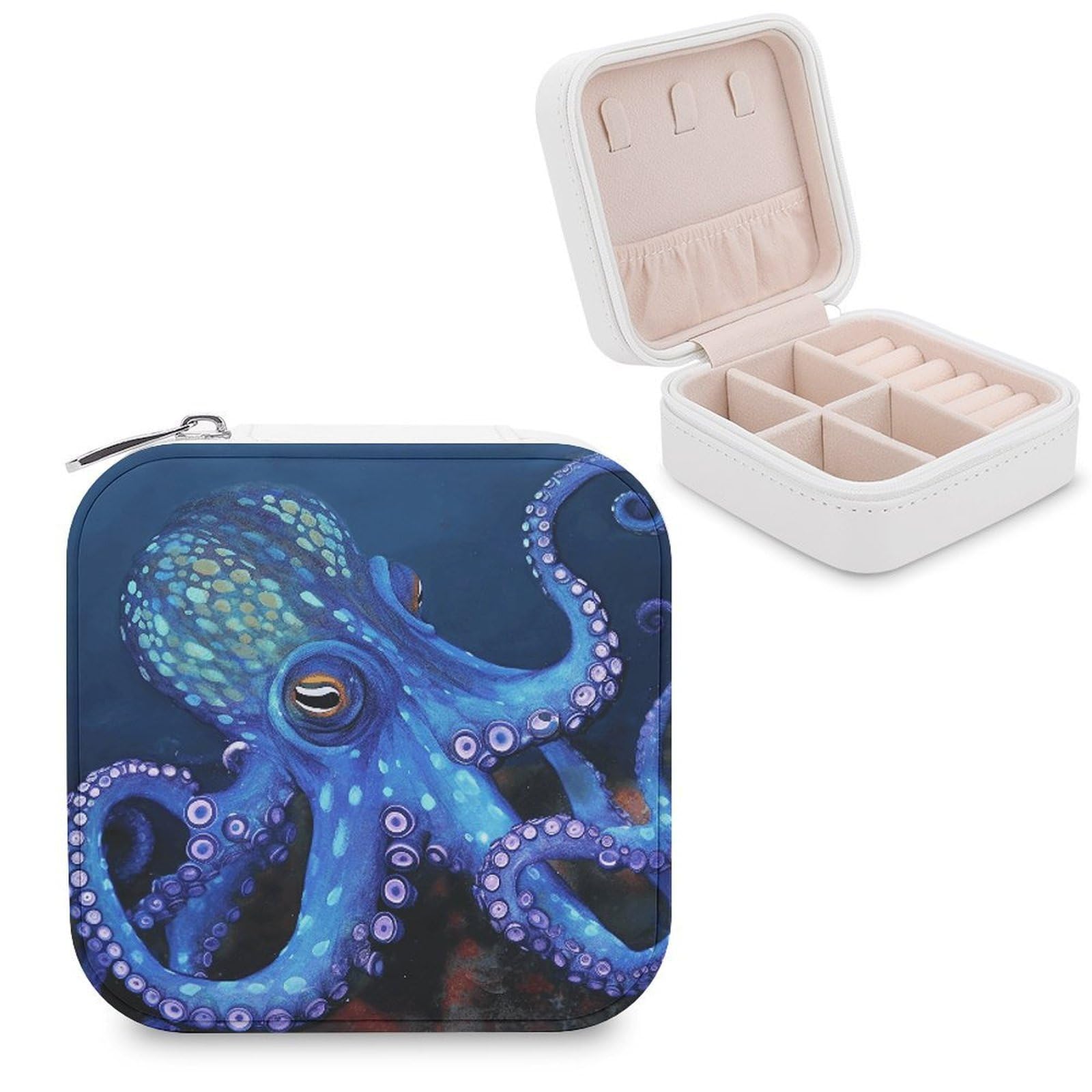 VstaDank Blue Octopus Travel Jewelry Case Small Portable Jewellry Organizer Box PU Leather Organizer Boxes Personalized Jewellery Storage Holder Gift for Womens Rings Earrings