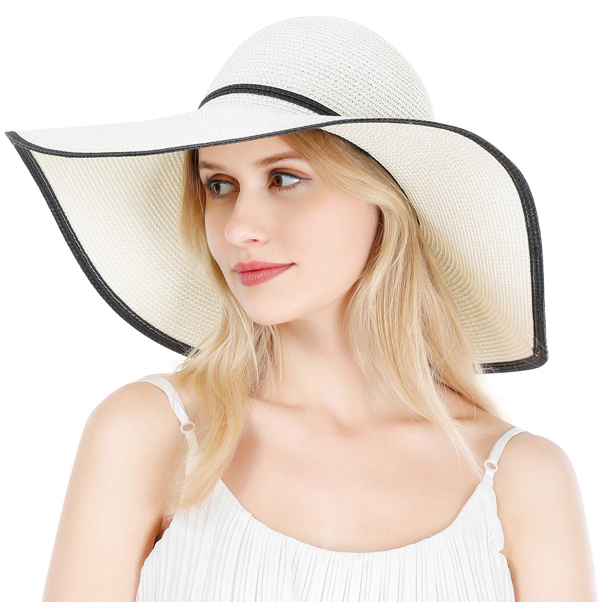 LanzomSombrero de paja de ala ancha para mujer, plegable, plegable, enrollable, grande, sombrero de playa, UPF 50+
