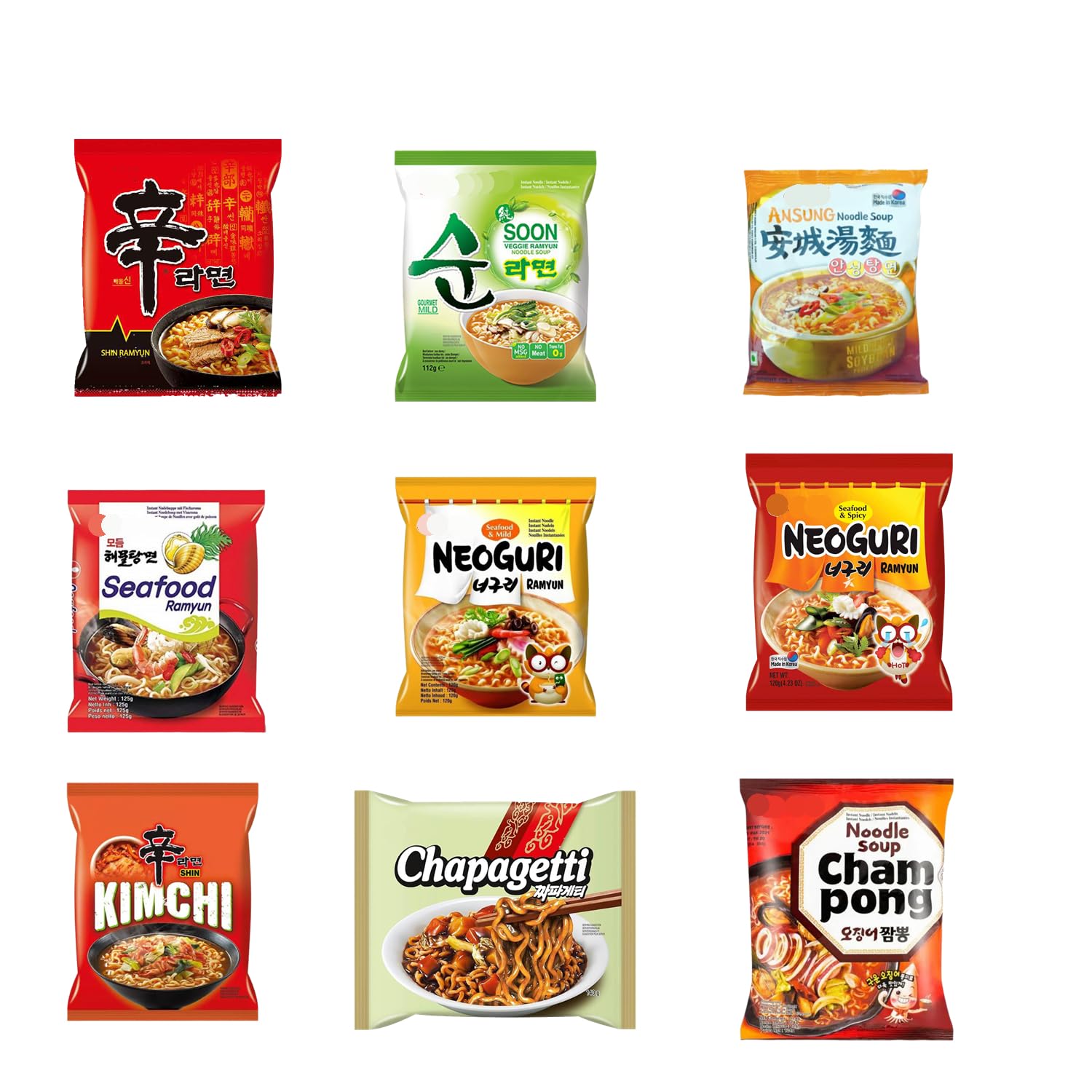 YIJIA | Pack de 9 NONG SHIM | Ramen Coreano instantáneo Seafood de Marisco,Soon Veggie,AnSangTangMyun, Kimchi,Neoguri Picante,Shin Ramyun,NeoguriMarisco,Chapagetti,Champong