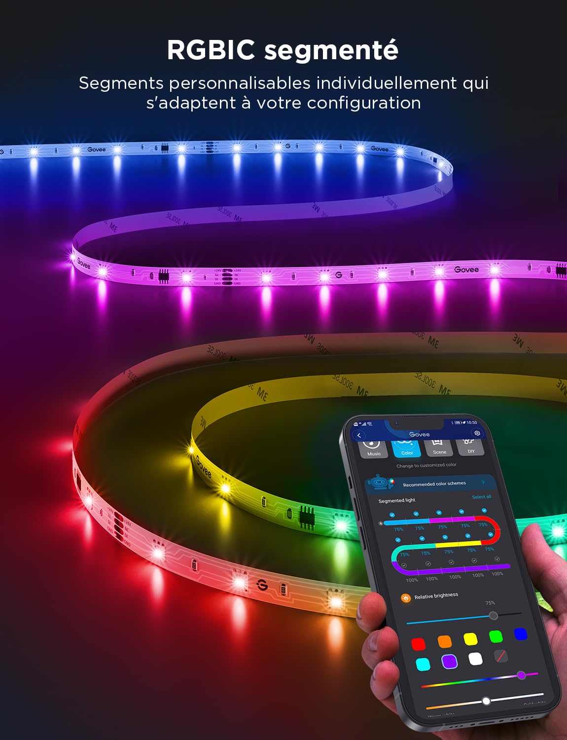 Govee Ruban LED 5M, RGBIC Bande LED avec Contrôle de Segment, Synchronisation Musicale, 64 Modes Scène, Contrôlable via APP, Changement de Couleur, pour la Maison et la Chambre