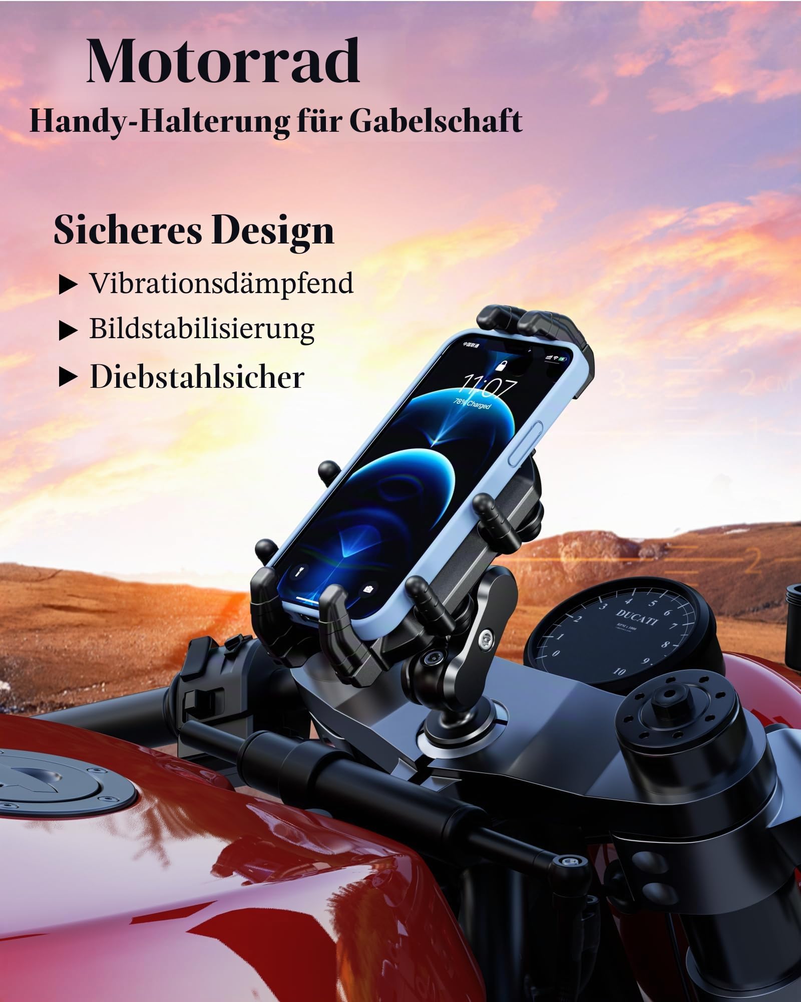 BRCOVAN Motorrad Gabelvorbau Handyhalterung mit Vibrationsdämpfer und Hochgeschwindigkeits-Sicherheitsschloss, Diebstahlsichere Motorrad Handyhalter Verstellbar für 5,4-7,2 Zoll Smartphones