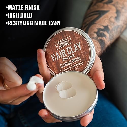 Miniatura 5 de Viking Revolution Spray de sal marina para hombres (8 onzas líquidas), arcilla capilar de sándalo mate (2 onzas) y polvo de peinado para hombres (1