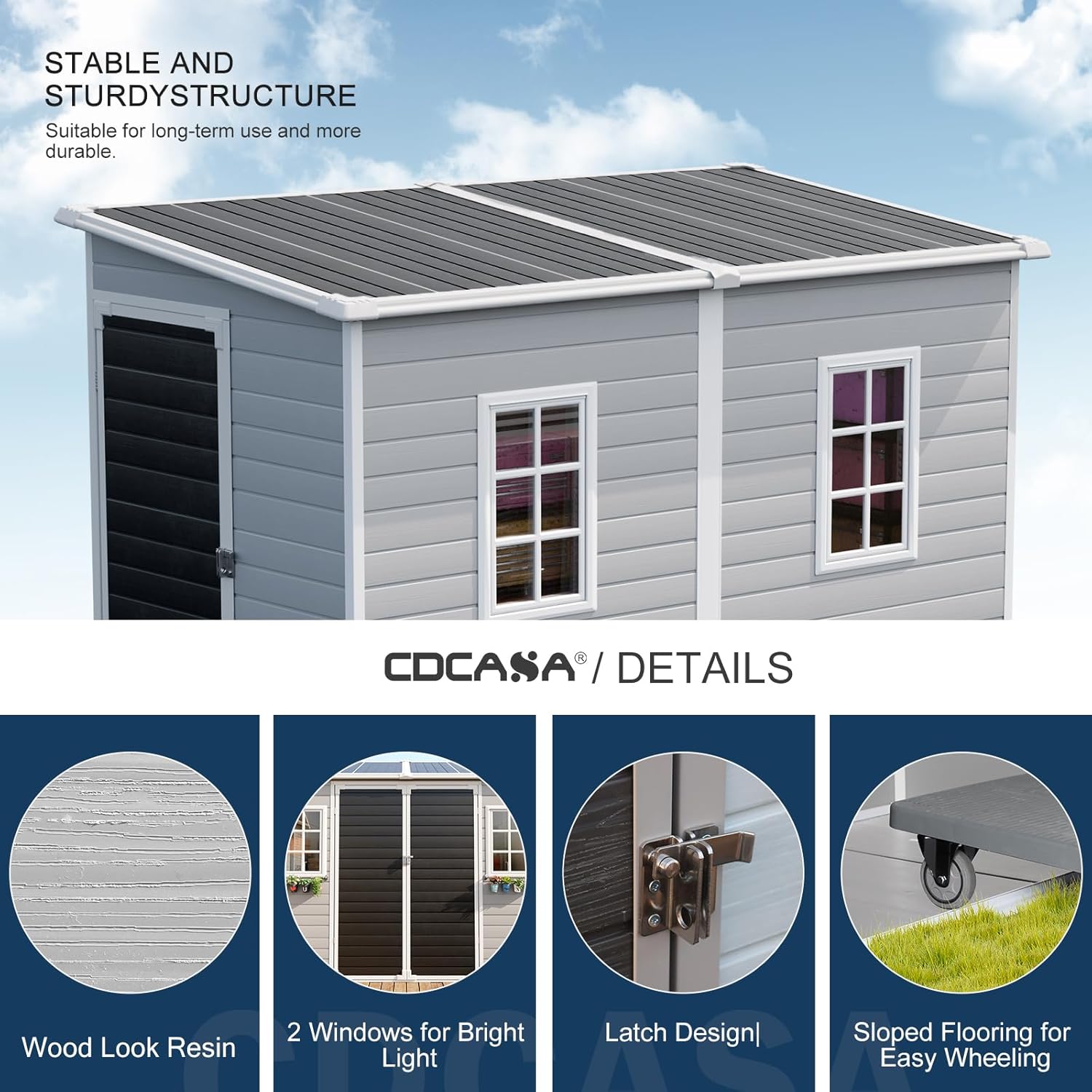 CDCASA 4x8 FT Resin Storage Shed with Floor Included, Waterproof Outside Plastic Storage Sheds with Base, 2 Adjustable Openable Windows,for Backyard Patio Lawn, Dove Gray