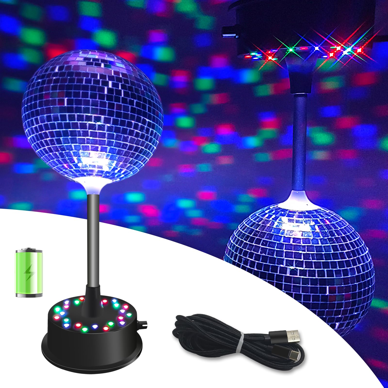 6'' Disco Ball with Motor and Lights, Palujorty Desktop Disco Ball with 5-9 RPM 24 LED Motor for 70s 80s 90s Theme DJ Party, Disco Party Decoration, Wedding, Birthday(USB/Battery Powered)