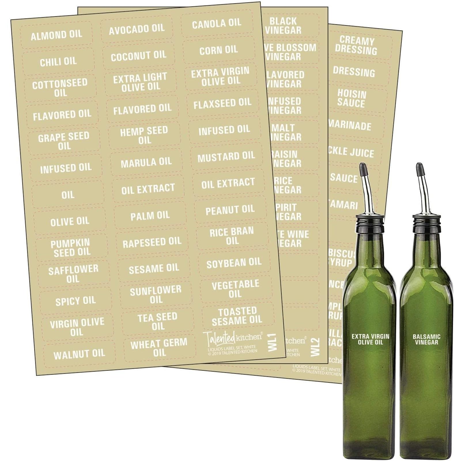 Talented Kitchen 114-Piece Oil & Vinegar Label System - Kitchen Glass Bottle Labels - Clear PVC White Font 1.5 x 0.5 in - 102 Preprinted & 12 Blank Stickers - Oil Dispenser Stickers