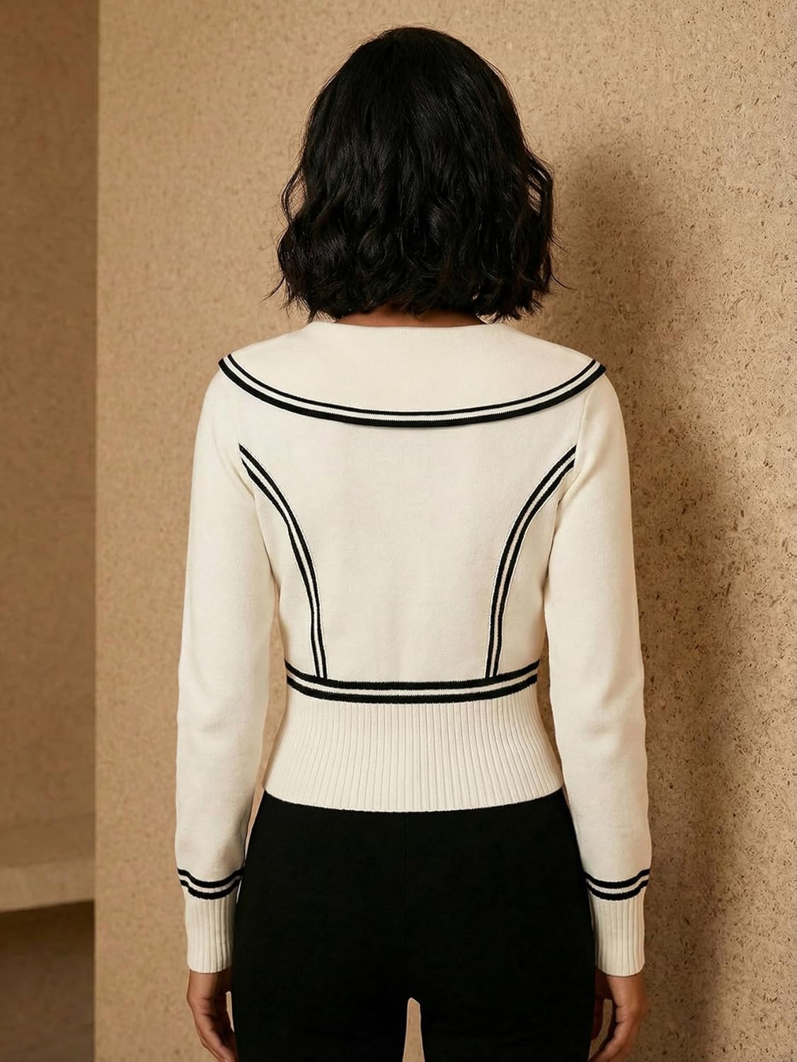 Women's Button Front Doll Collar Sweater Old Money Striped Long Sleeve Knit Work Pullovers