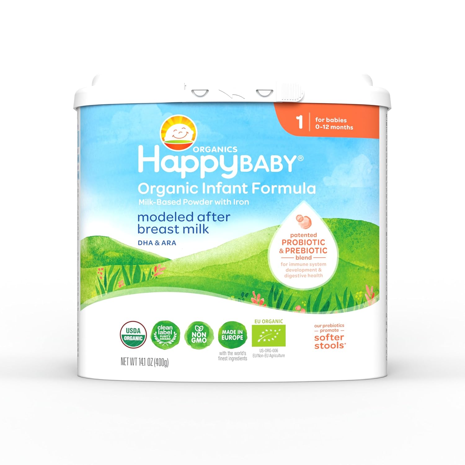 Happy Baby Organics Stage 1 Infant Formula, 0-12 Months, Milk Based Organic Baby Formula Powder with Iron, Probiotics & Prebiotics for Immune & Digestive Support, 14.1 Ounce (Pack of 1)