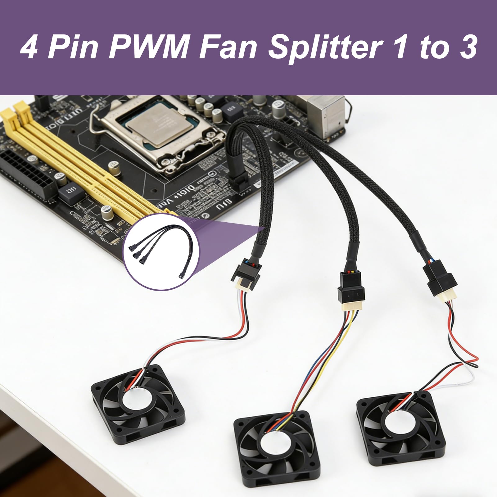 2 Stück Splitter-Lüfter, 4-poliges PWM-Splitterkabel, 1 auf 3, Splitterkabel, 4-polig, 27 cm, geflochtene Muffe, kompatibel mit Lüftern mit 3 Pin und 4 Pins, Gehäuse, CPU Watercooling