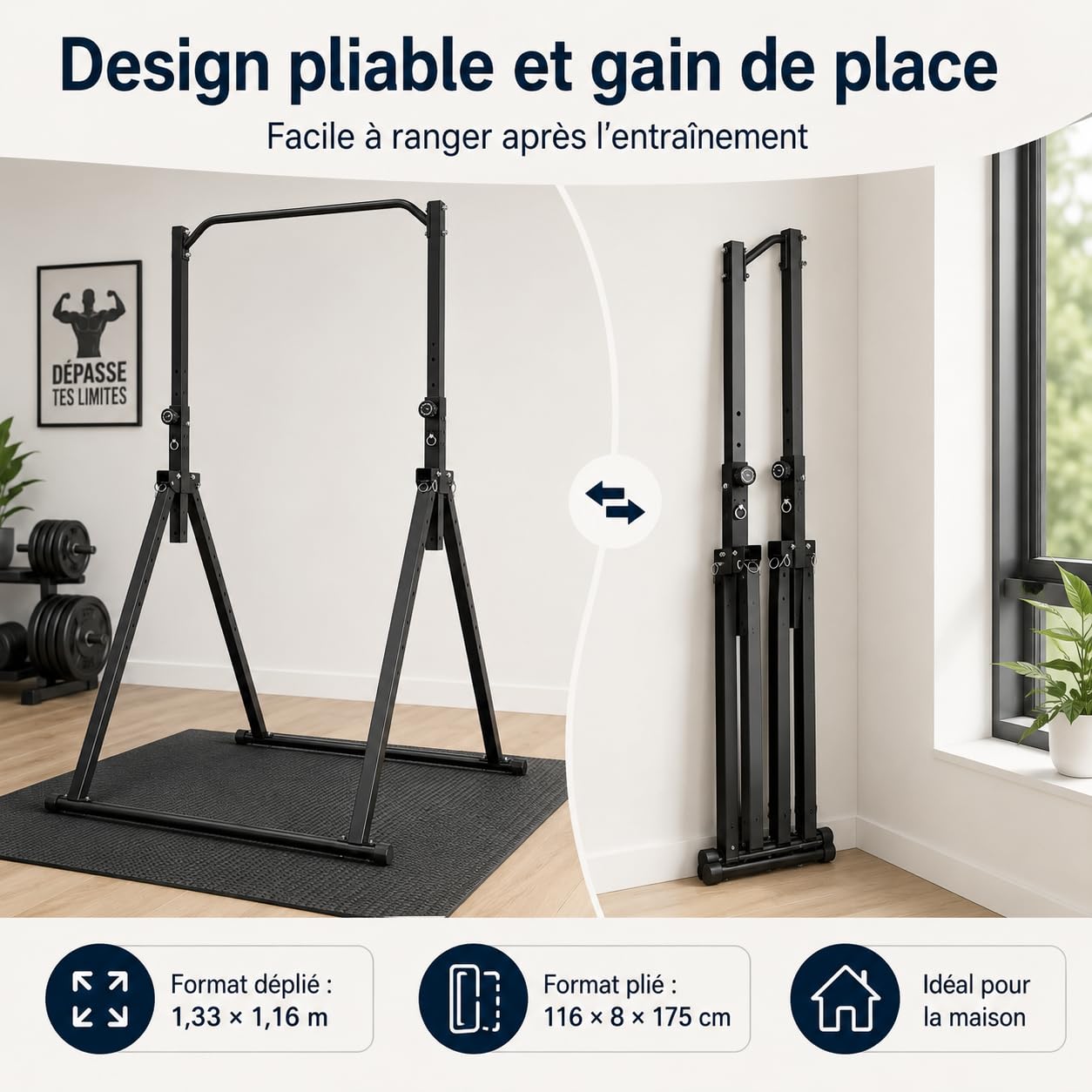 Barre de traction barre de gymnastique intérieure pliable en acier au carbone - Hauteur réglable de 175 à 230 cm - Pour adultes ou enfants - Charge maximale : 200 kg