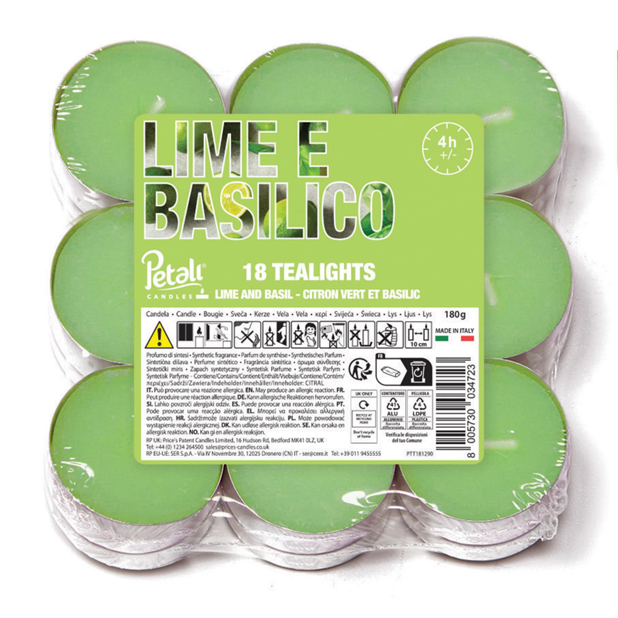 Price's Candles Petali Range Lime and Basil Pack of 18 Scented Tea Lights Long Burning Tealight Candles with 4 Hour Burn Time for Home Décor Events and Gifting