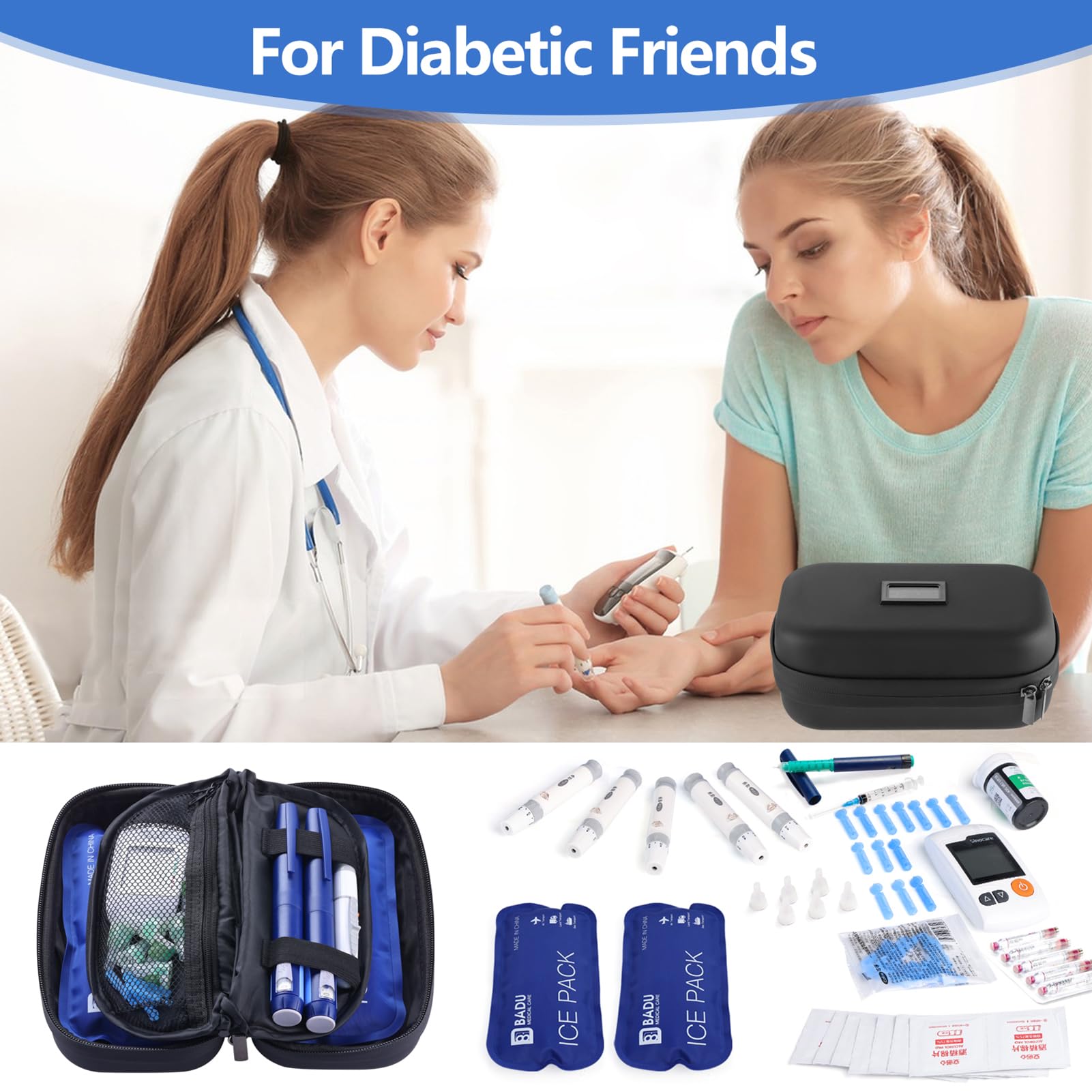 Borsa termica da viaggio per insulina, approvata TSA, portatile, per farmaci diabetici, Con display Fahrenheit, organizer per farmaci refrigerati con 2 confezioni di ghiaccio