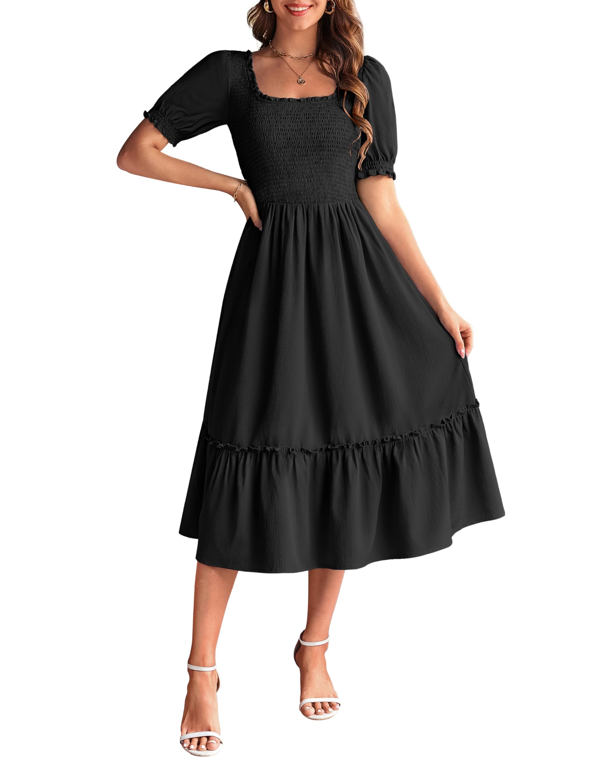 GRACE KARIN Women's Casual Summer Dresses Puff Short Sleve Square Neck Smocked Midi Dress A Line Flowy Dresses with Pockets
