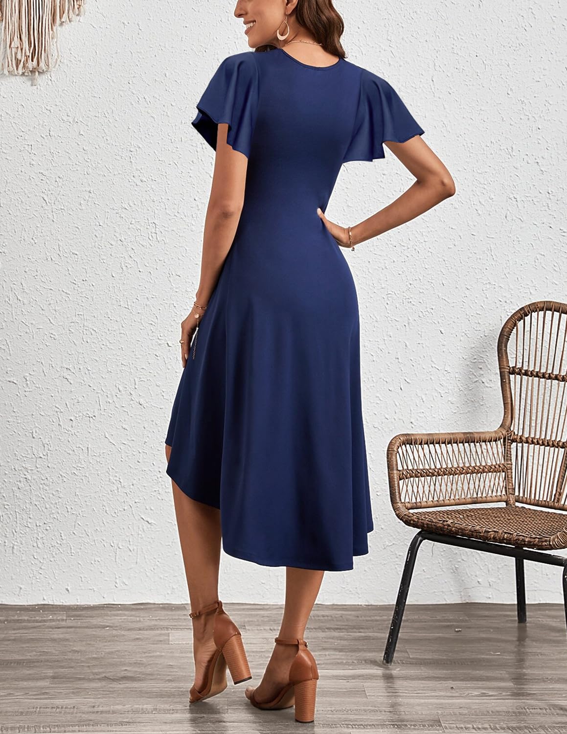 Vestito Donna Elegante Manica Corta Abito Linea A Vita Alta Midi Abiti Tinta Unita Estivo Vestiti da Cerimonia per Festa Cocktail