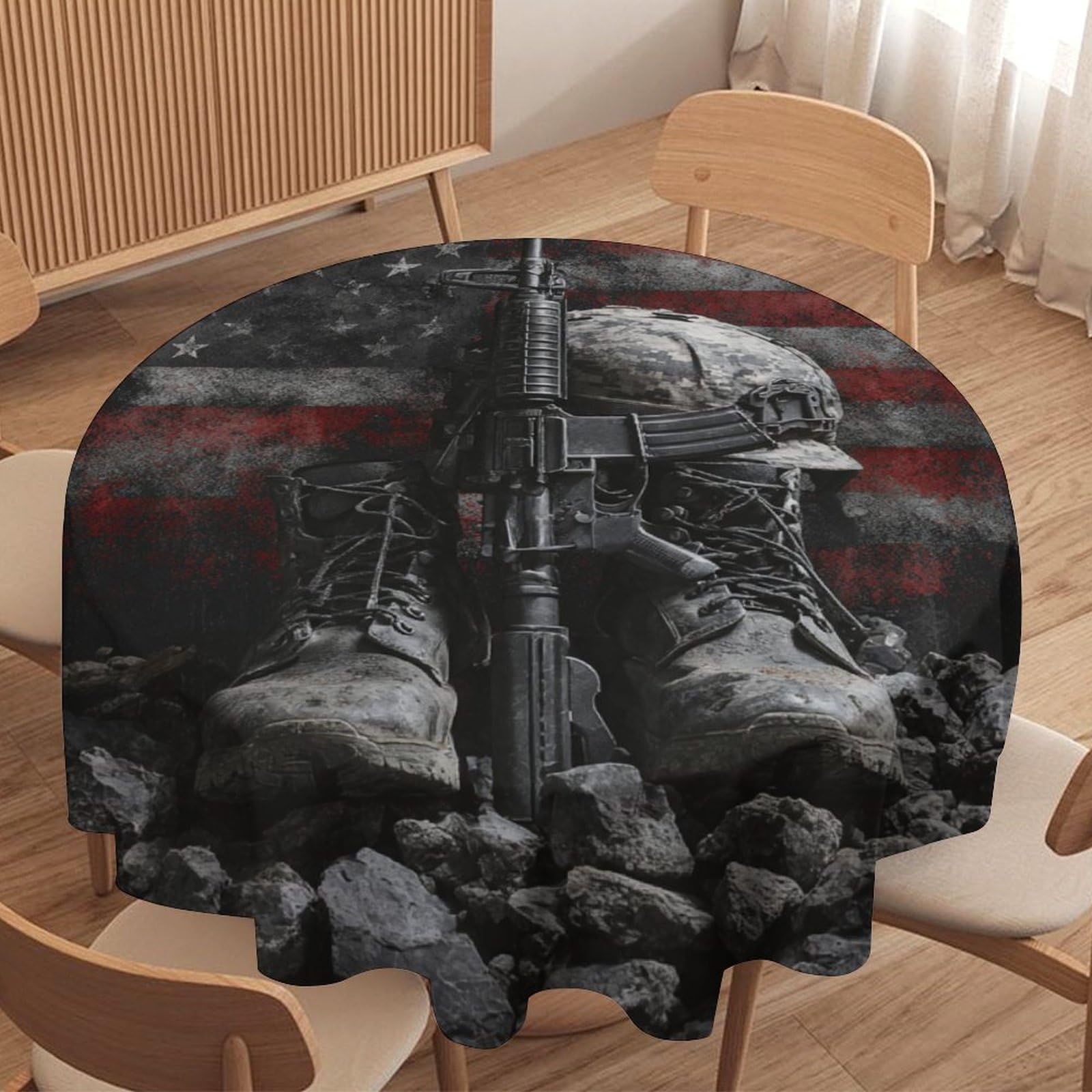 LUYYSKY Classic Minimalist 4th of July Waterproof Round Tablecloth Realistic Oil Painting Patriotic American Flag Soldier Print Washable Table Cover for Kitchen-91.4" Wx91.4 L cm