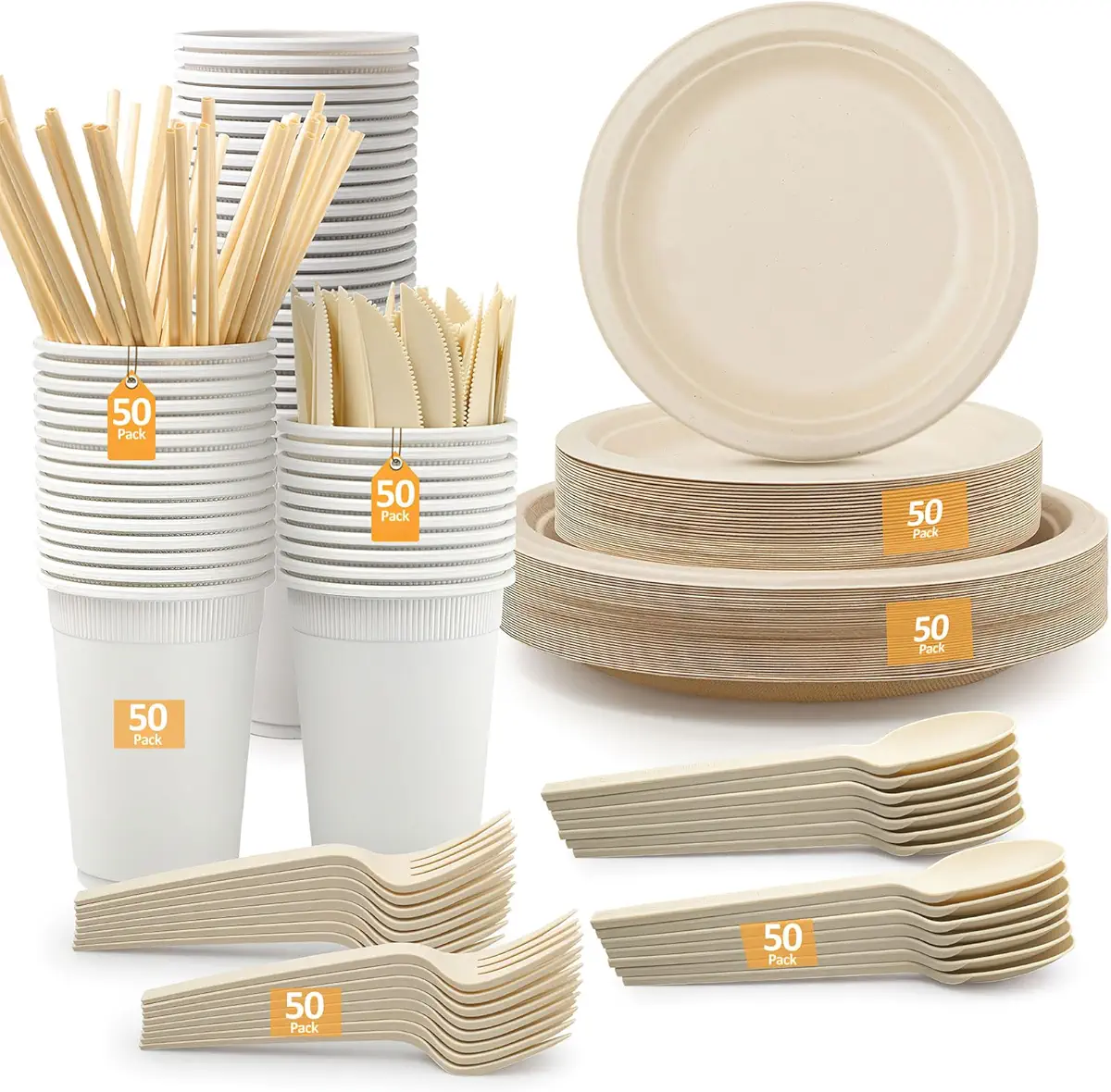 Compostable Paper Plates Set 350Pcs Heavy-duty Disposable Dinnerware Utensils Eco Friendly Biodegradable Plates, Forks, Knives, Spoons, Cups and Straws for Party, Camping, Picnic, 50 People