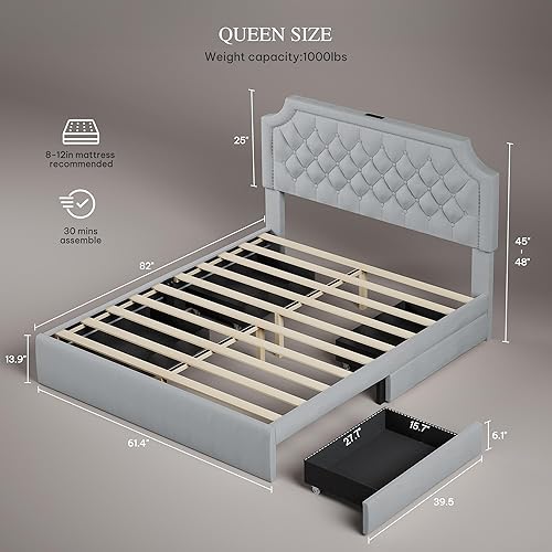 Miniatura 10 de DWVO Base de cama de tamaño matrimonial con cabecera ajustable, 4 cajones de almacenamiento y estación de carga, marco de cama tapizado de