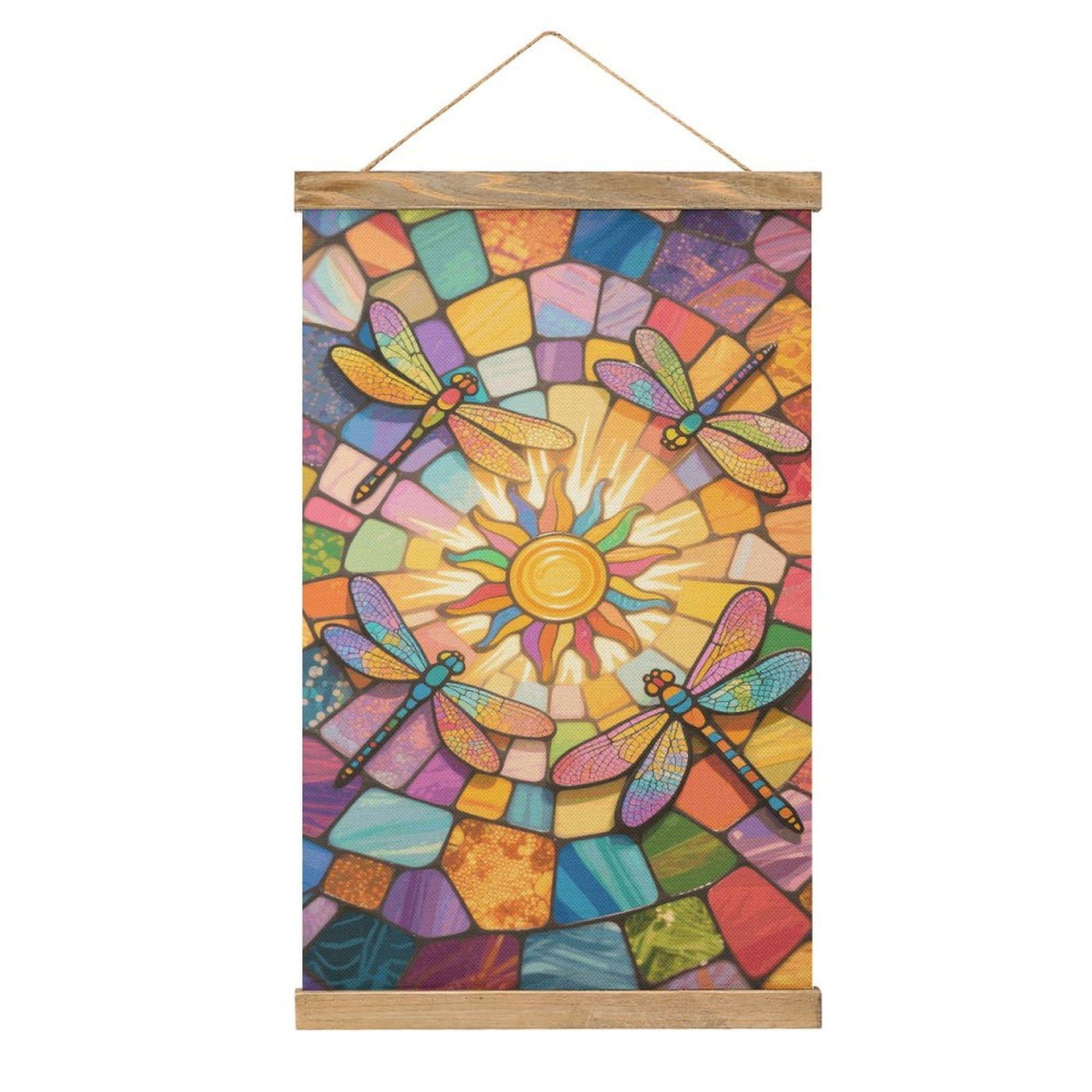 VstaDank Stained Glass Dragonfly Hanging Poster with Wooden Frame Modern Linen Hanging Painting Retro Style Wall Decor Art Painting for Living Room,Bedroom Decor Poster Frame 20.4x13.1inch