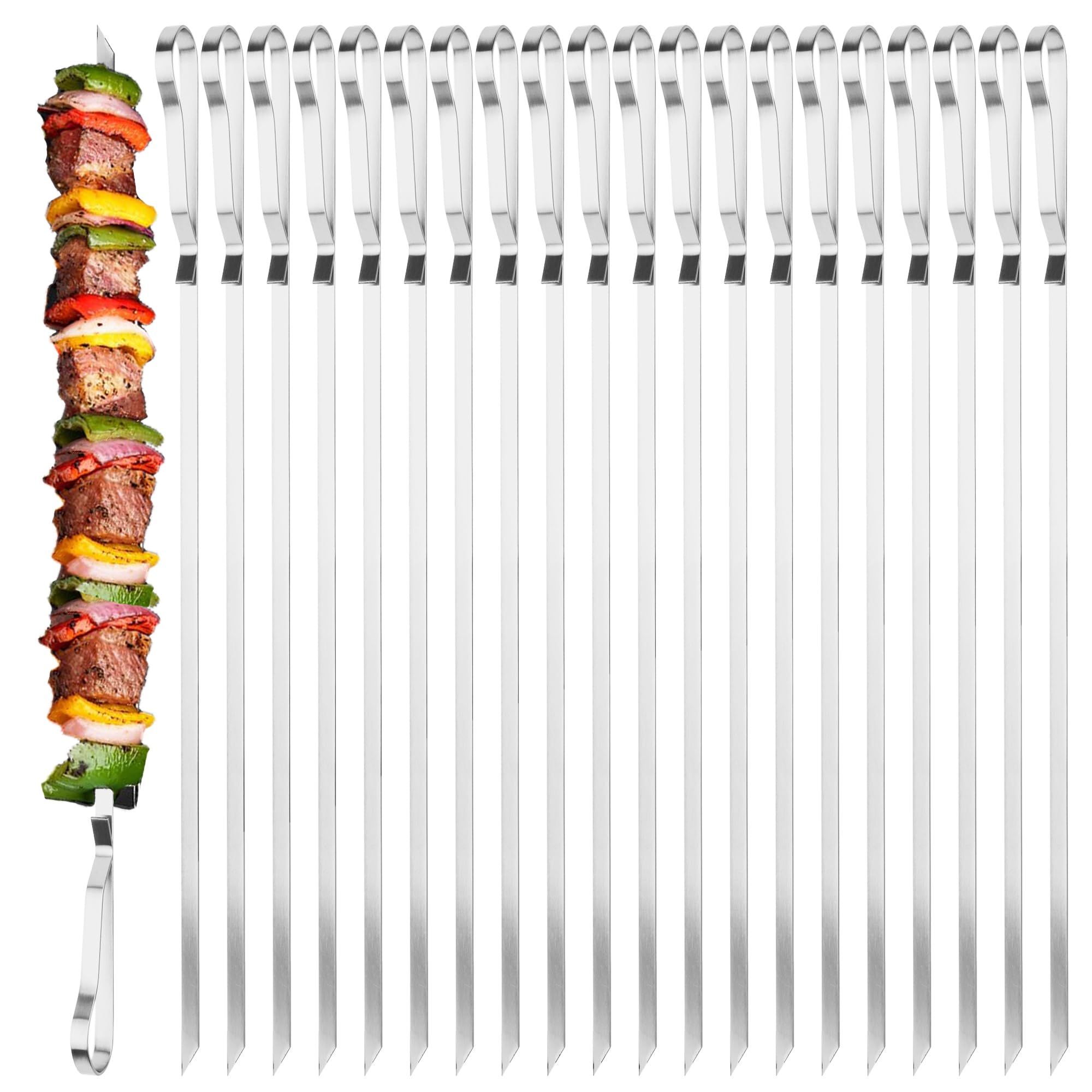 Spiedini in acciaio inox da 43,2 cm per kebab, spiedini piatti per barbecue, spiedini per barbecue in metallo per grigliare carne, pollo, gamberetti, verdure, confezione da 20 (barbecue piatto da 43