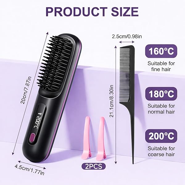 Cepillo Alisador Pelo Inalambrica, Escova Alisadora de Cabelo Iónico, Peine Alisador de Cabello Electrico Portátil, Recarga USB, con Pantalla LCD, 3 Modos Ajustable, 160-200°C, Mini Plancha Pelo - 2