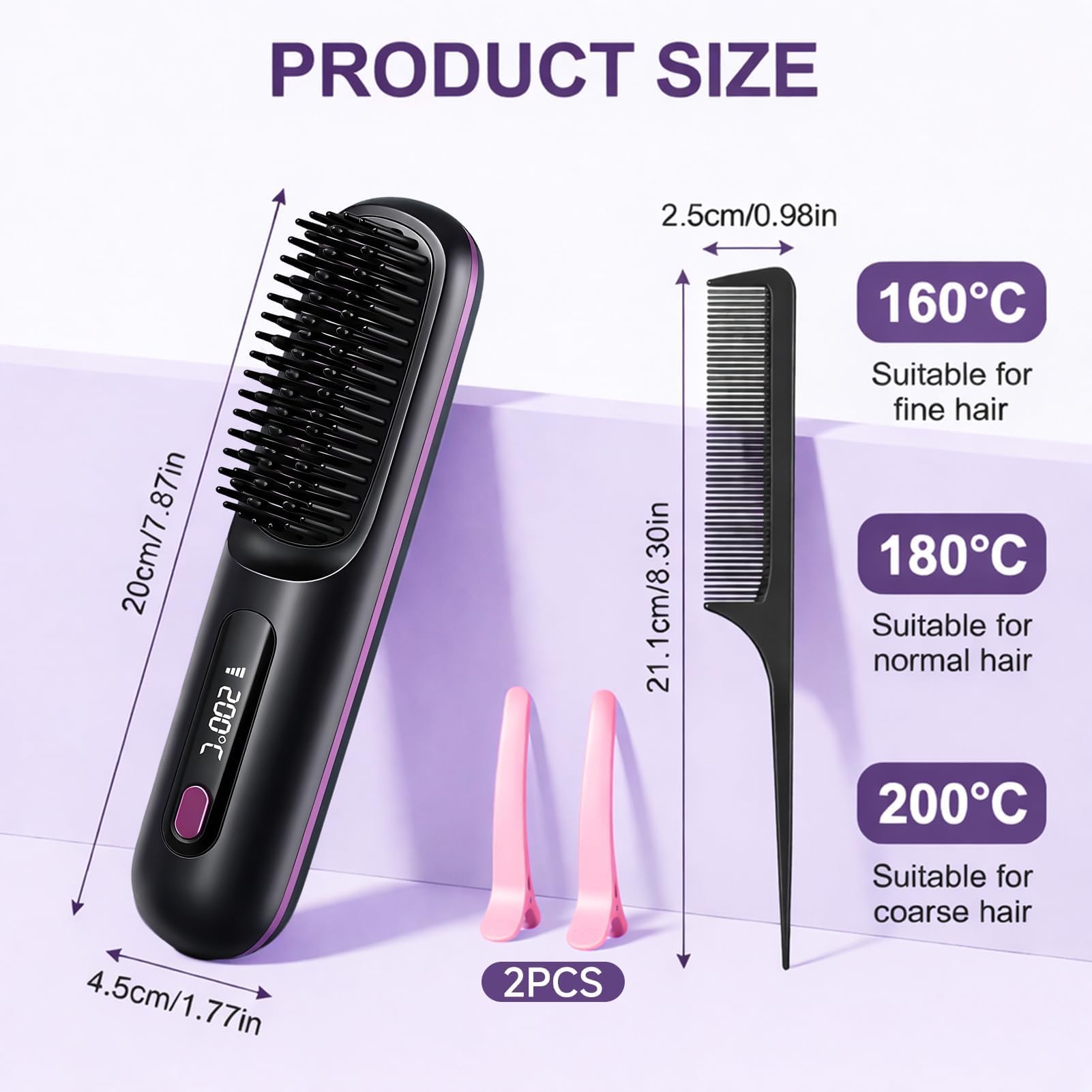 Cepillo Alisador Pelo Inalambrica, Escova Alisadora de Cabelo Iónico, Peine Alisador de Cabello Electrico Portátil, Recarga USB, con Pantalla LCD, 3 Modos Ajustable, 160-200°C, Mini Plancha Pelo — view 2