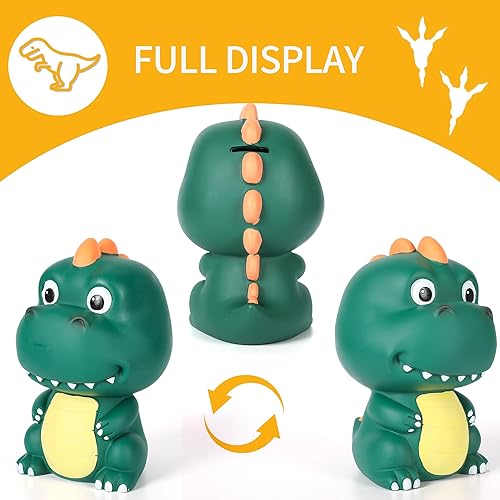 Miniatura 2 de H&W Banco de dinero de dinosaurio con bonita cabeza grande, alcancía de tiranosaurio Rex inastillable, primer banco de monedas, el mejor cumpleaños
