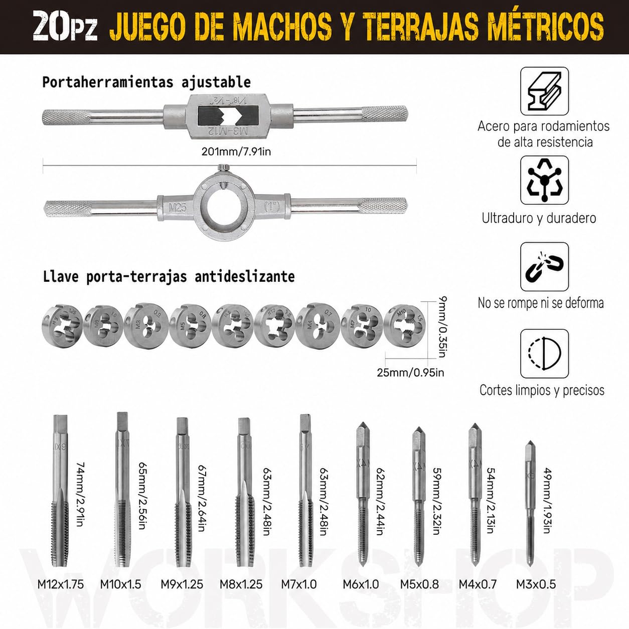 Hi-Spec Juego de Terrajas y Machos de 20 Piezas. Troqueles Métricos, Grifos y Manijas de LLave. Juego de Herramientas Manuales para Cortar, Roscar, y Moldear Tuercas, Pernos, Tornillos, Bujias, y Mas.