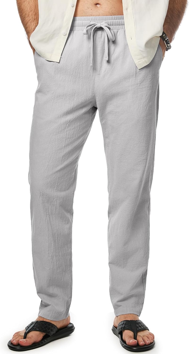 JMIERR Mens Cotton Pants Casual Elastic Waist Drawstring Lightweight Summer Beach Trousers with Pockets