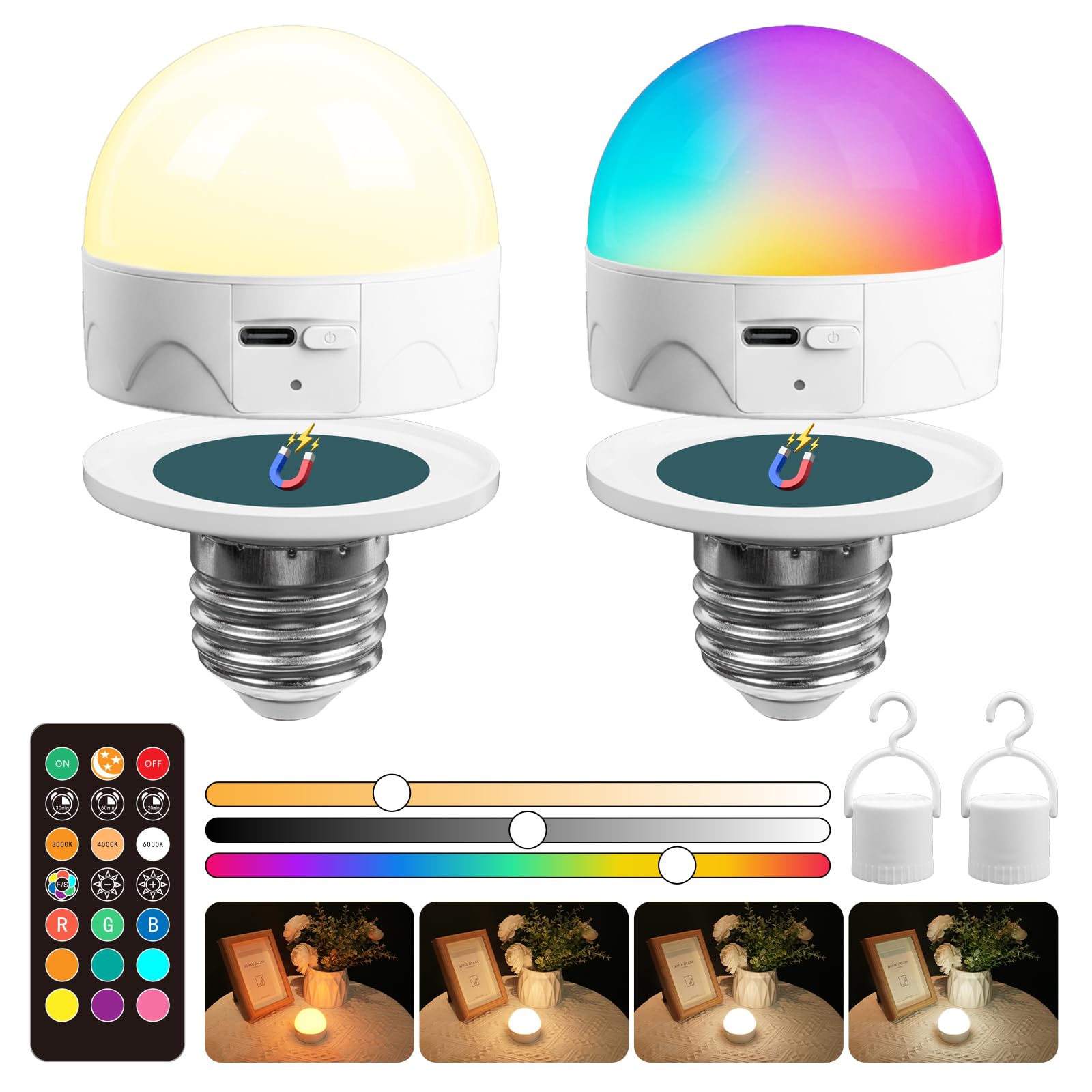 TobeBright E27 Rechargeable Light Bulb with Remote, RGB Colours 3 Colour Tempertures Dimmable Battery Powered LED Bulbs, with 1800K Night Light Mode, for Camping, Bedside, Emergency Lighting(2-Pack)