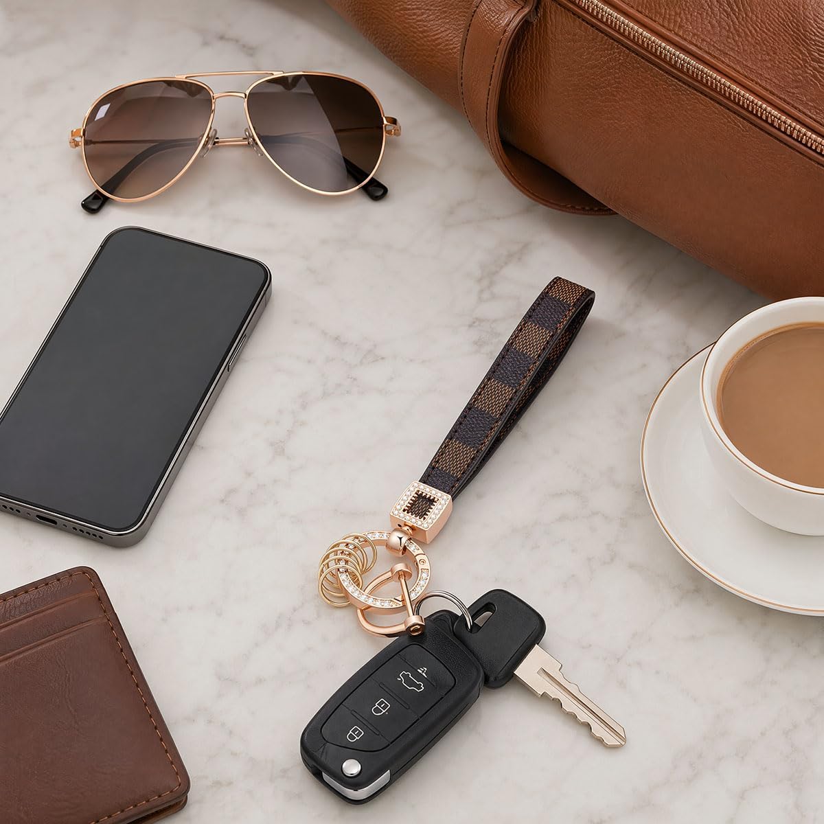 Leather Wristlet Keychain for Women, Car Key Holder,Bag Purses Totes Charm | Checkered wristlet keeps car keys close with D ring, key rings and screwdriver,styled as a cute purse bag charm for women