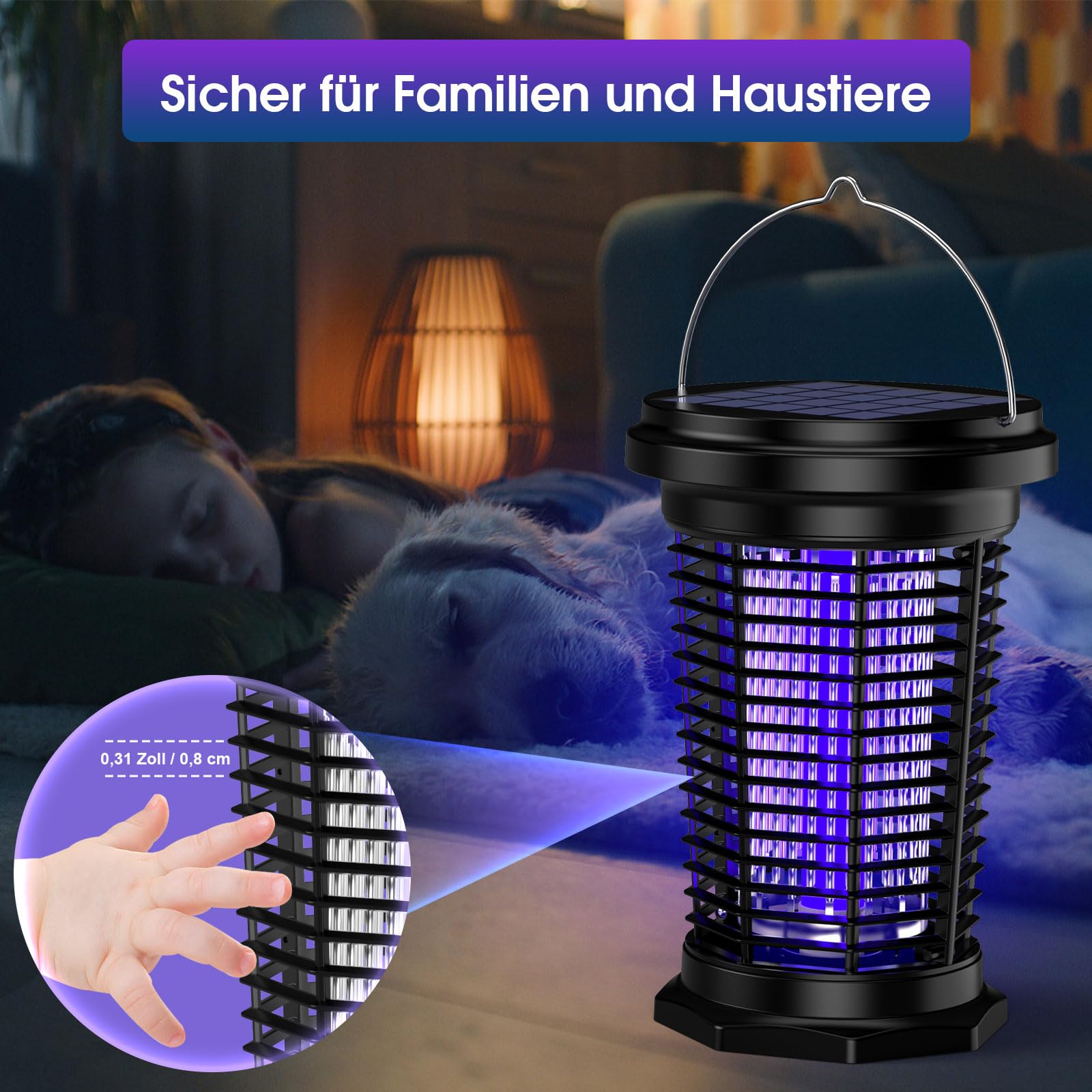 PALONE 4500V Hängbarer Insektenvernichter Elektrisch Solar, Ausgestattet mit Einem Einstellbaren 5,5W/5V-Solarpanel und Einem 3,5m Langen Kabel, Geeignet für den Innen, Garten und Outdoor-Aktivitäten | USB-C Mückenlampe mit Einem Einstellbaren 5,5W/5V-Sol