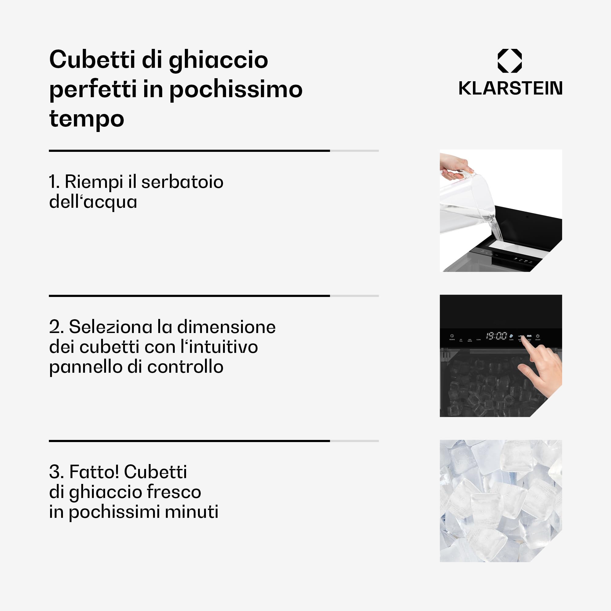 Klarstein - Macchina del Ghiaccio, Acciaio Inossidabile, 23kg/24h, 32 Cubetti/17 Min, Pulizia Automatica, Pannello di Controllo, Avviso del Livello Acqua, Design Moderno, Acciaio inossidabile