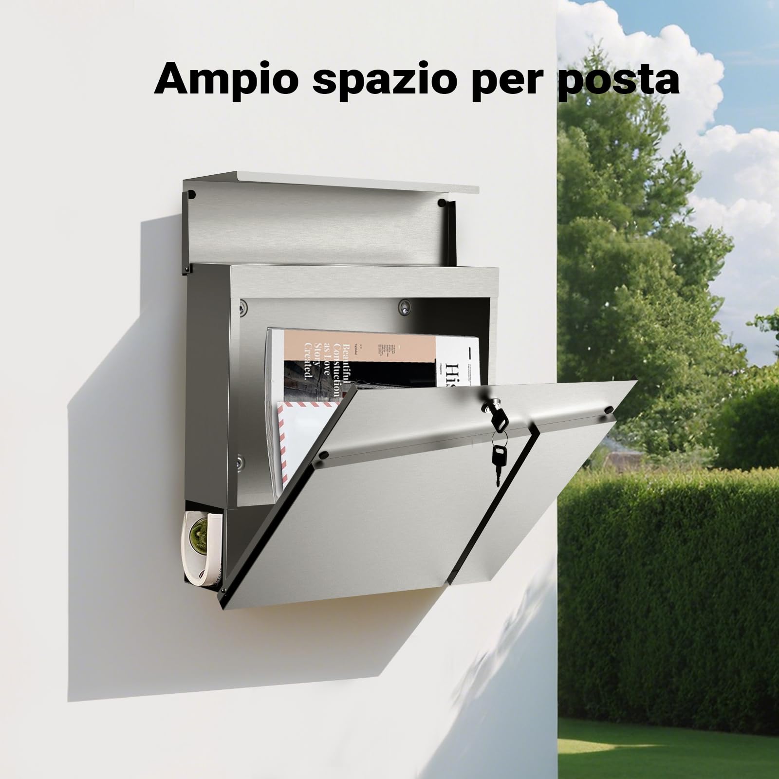 Wiltec Cassetta postale con vano portagiornale V23 acciaio inox 370 x 102 x 370 mm