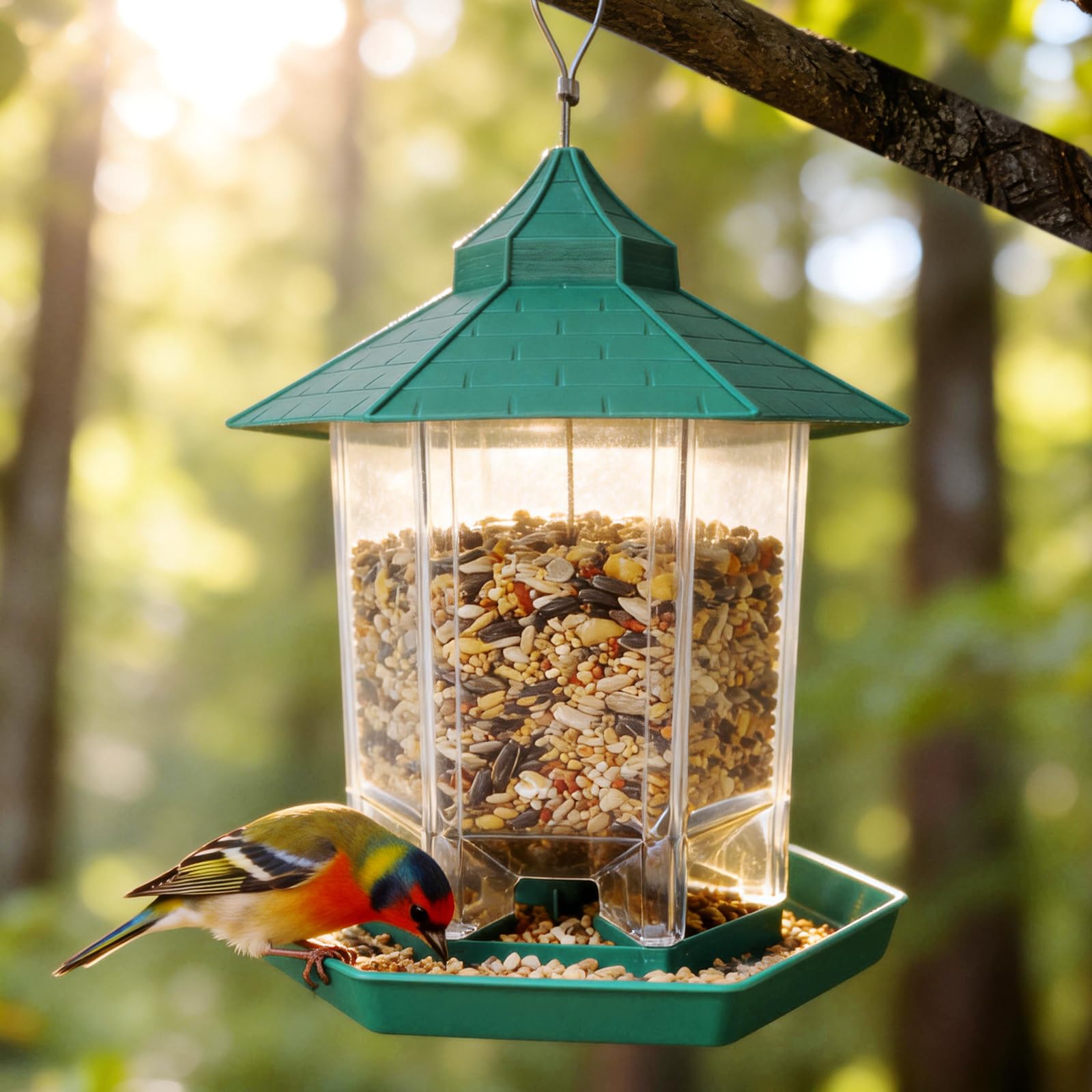 Bird Feeders Hanging, Bird Seed Feeder for Small Birds, Squirrel Proof Plastic Wild Bird Feeder for Outdoors, Garden, Backyard, Terrace, Green