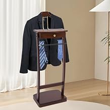 Suit Valet Stand with Base, Wooden Clothes Valet Stand with Drawer, Contour Hanger, Trouser Bar & Tie Bar Freestanding Women Men Valet Stand for Home Office Hotel