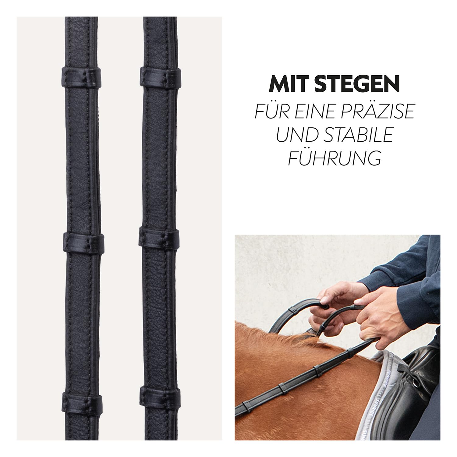 SUNRIDE Sicherheitszügel mit Magnet (NoPanic) für Pferde - Gummizügel - MagneticForce-Sicherheitssystem - mit Stegen - handgefertigt - Echtleder - schwarz (Full)