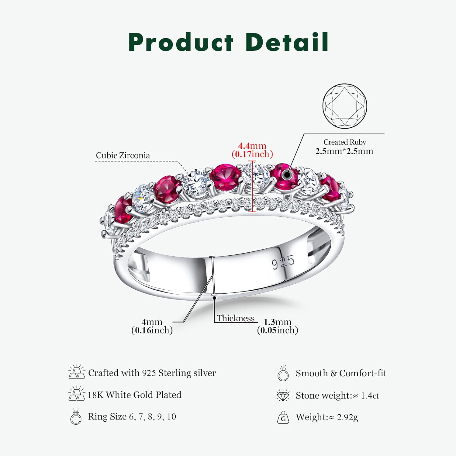 Women's Half Eternity Band 5mm Thick Double Band Ring Sterling Silver Gemstone Diamond Anniversary Ring Stackable Birthstone Rings Size 6-10 (with Gift Box) - Image 6