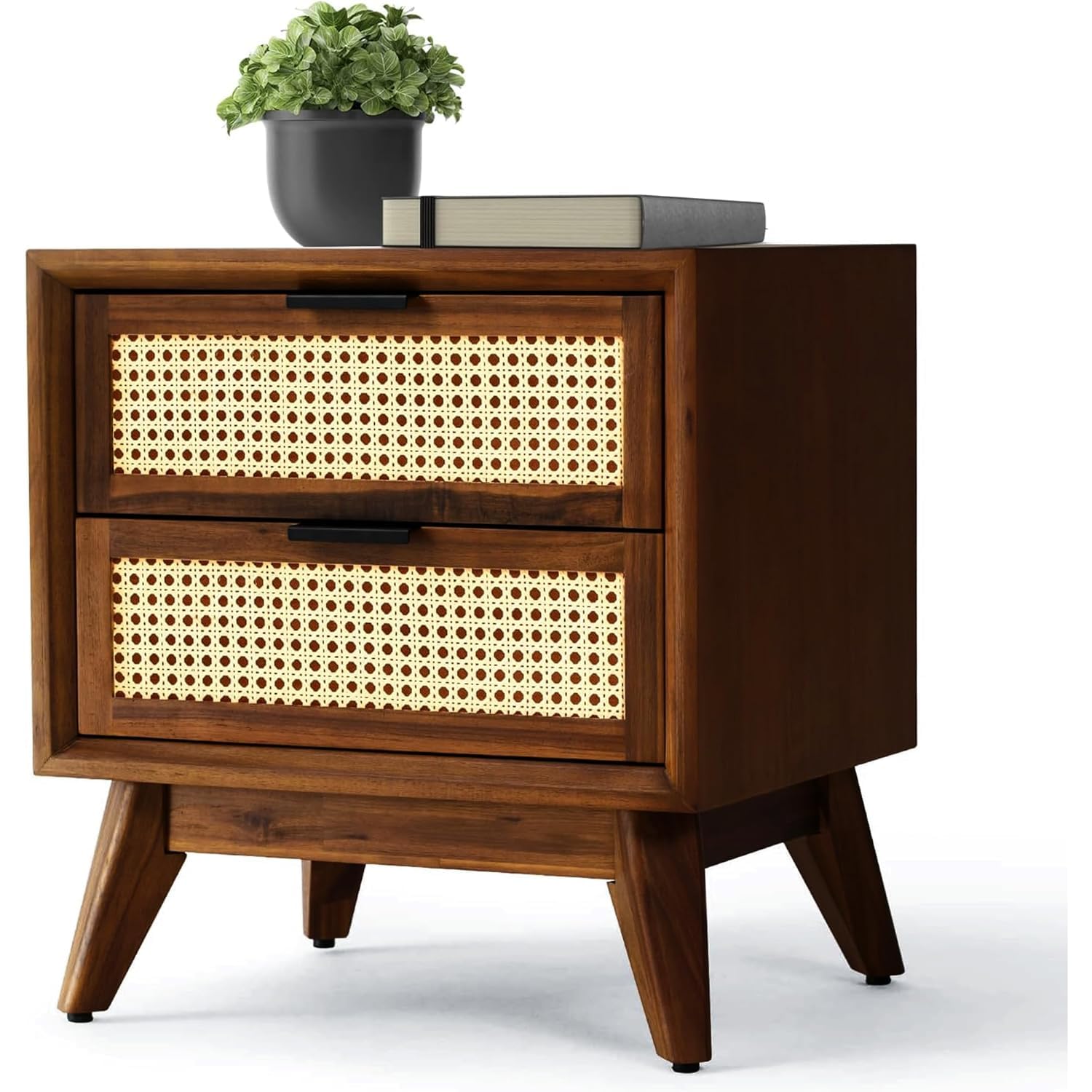 VK Furniture Solid Wood Rattan Nightstand Fully Assembled-Mid Century Modern Side Table with 2 Drawers-Multipurpose use for Living Room, Bedroom-Dark Chocolate-image-15