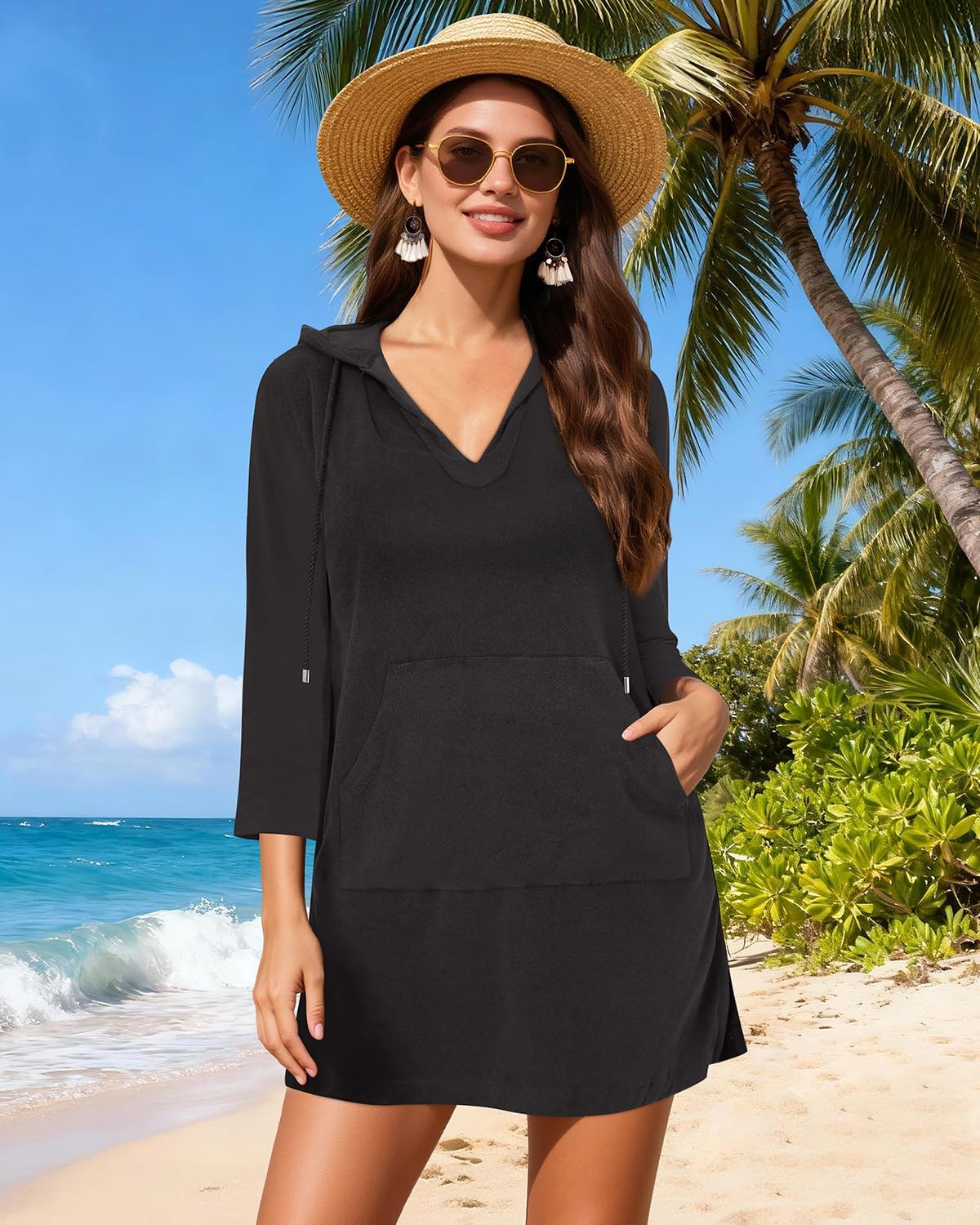 Pinup Fashion Terry Cloth Swim Cover Up - Hooded Beach Women Cover-Up Long Sleeve Coverup with Pocket - Image 4