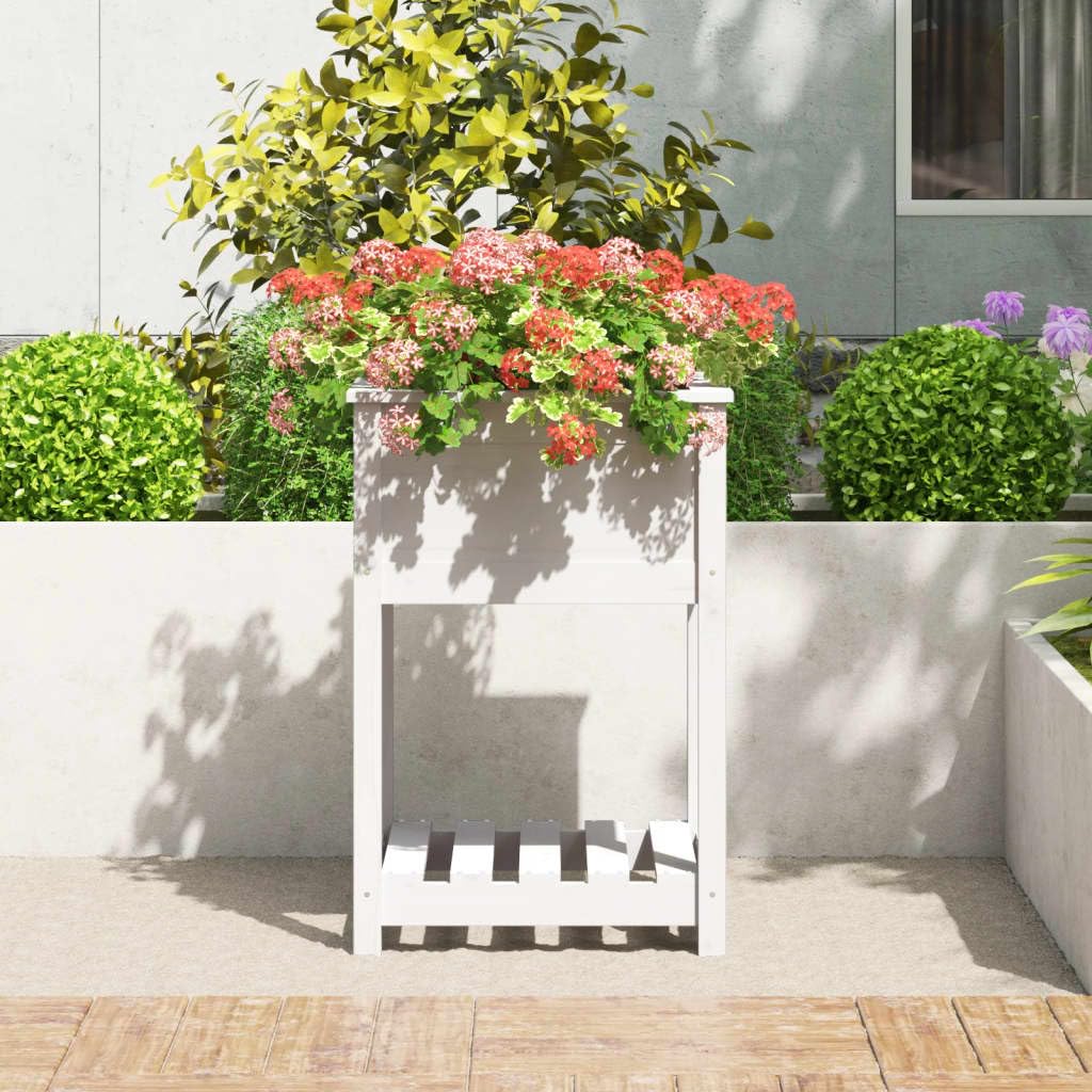 Pflanzkübel mit Ablage Weiß 54x54x81 cm aus Massivholz Kiefer, Hochbeet mit praktischer Ablage für Wohnzimmer, Balkon und Terrasse