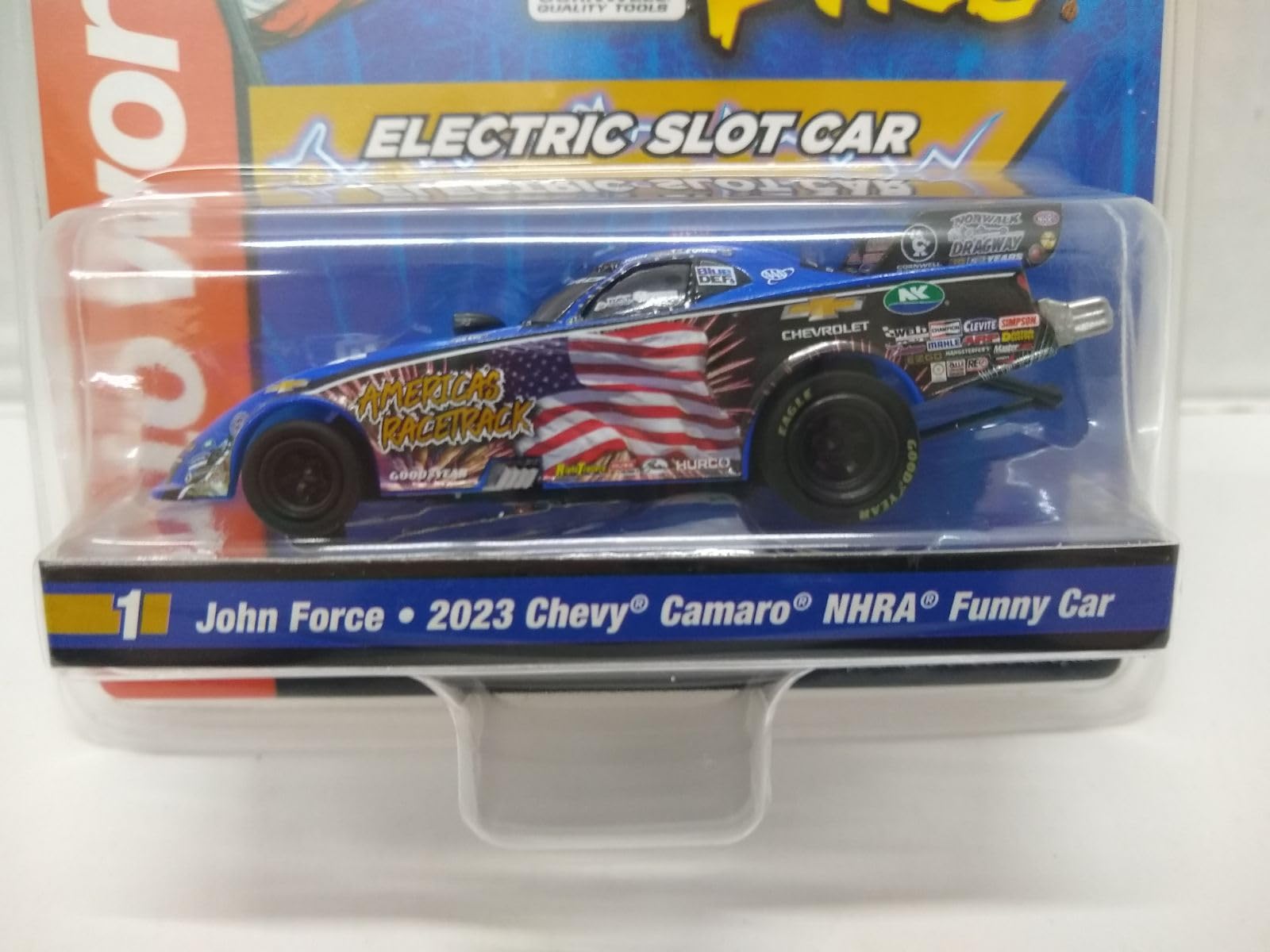 Auto World SC405-1 John Force Night Under Fire 2023 Camaro Funny Car HO Scale Electric Slot Car