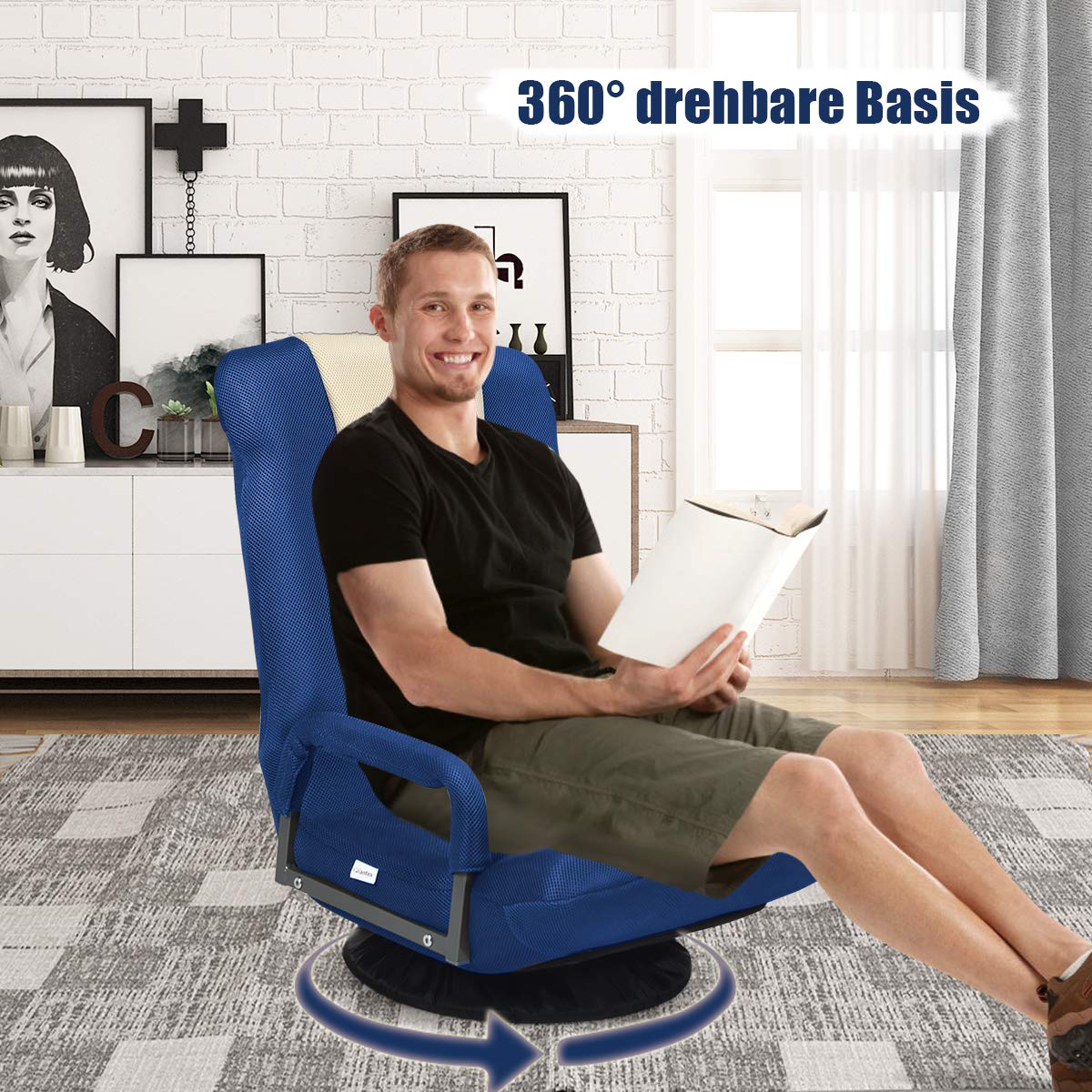 RELAX4LIFE Silla de Suelo Giratorio 360° con Respaldo Ajustable en 6 Ángulos, Sillón Relax Plegable con Diseño Ergonómico para Salón, Dormitorio y Oficina, Carga 120kg, Azul+Beige