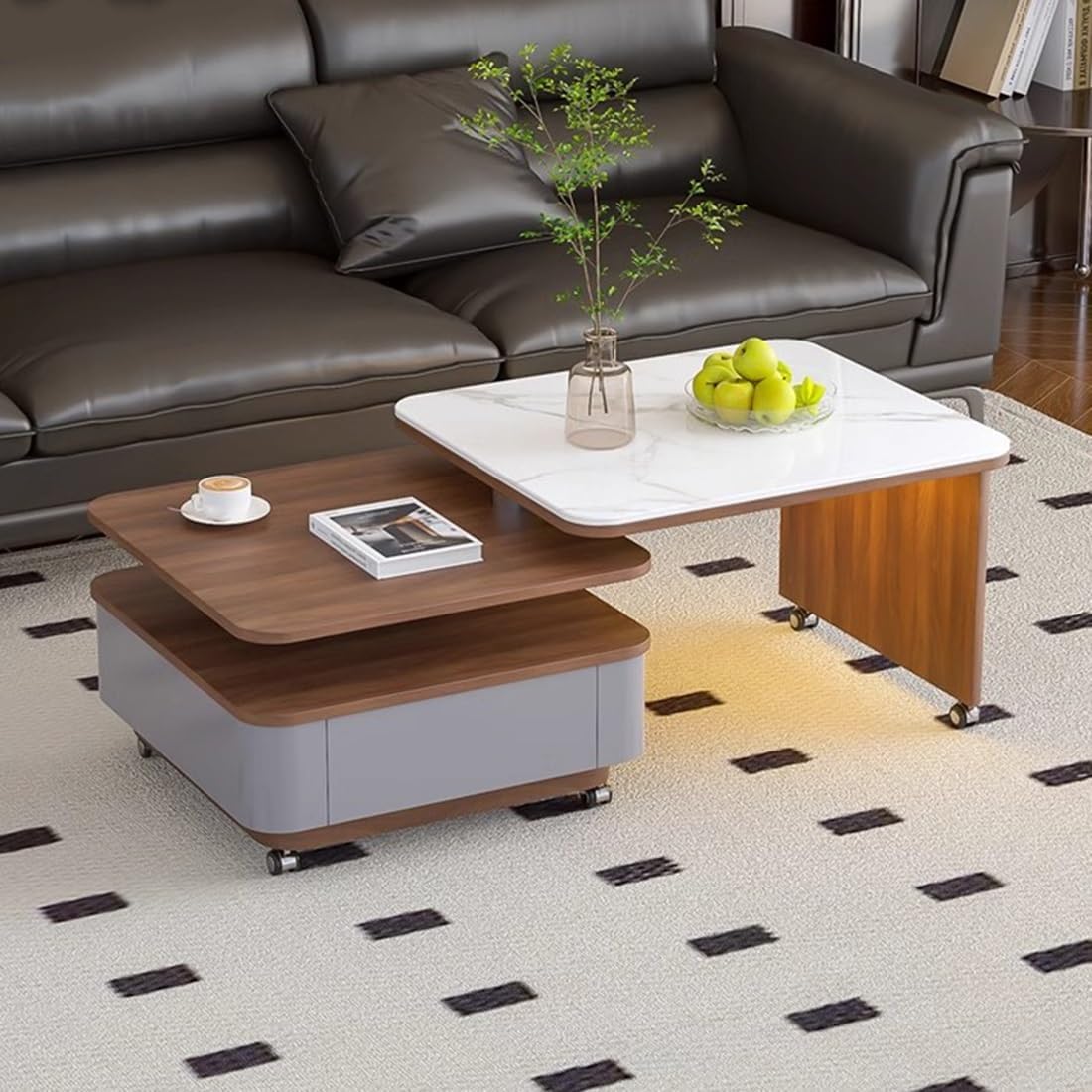 LED Nesting Coffee Tea Table Square Side Table Set of 2 End Tables, Low Center Eating Table for Living Room Bedroom Balcony, Wooden Stacking Couch Accent Coffee Tables with Storage Drawers(Gray,60+70C