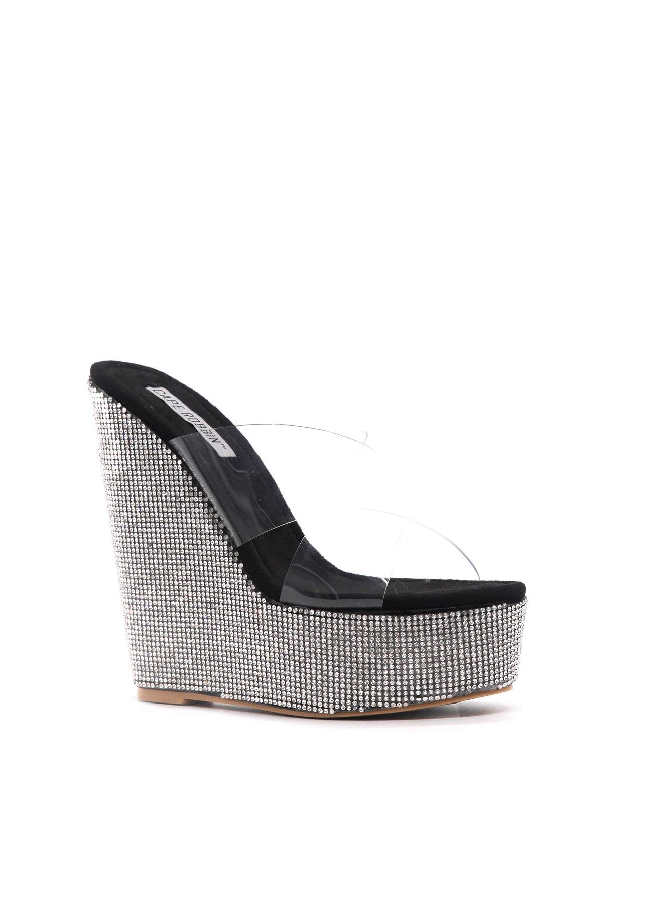 Isla Black Rhinestone Platform Wedge Mule Clear Transparent Sandal