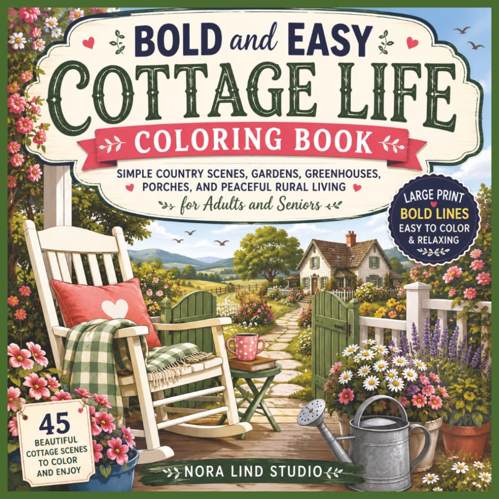 Bold and Easy Cottage Life Coloring Book: Simple Country Scenes, Gardens, Greenhouses, Porches, and Peaceful Rural Living for Adults and Seniors (Cozy homestead and cottage life coloring books)