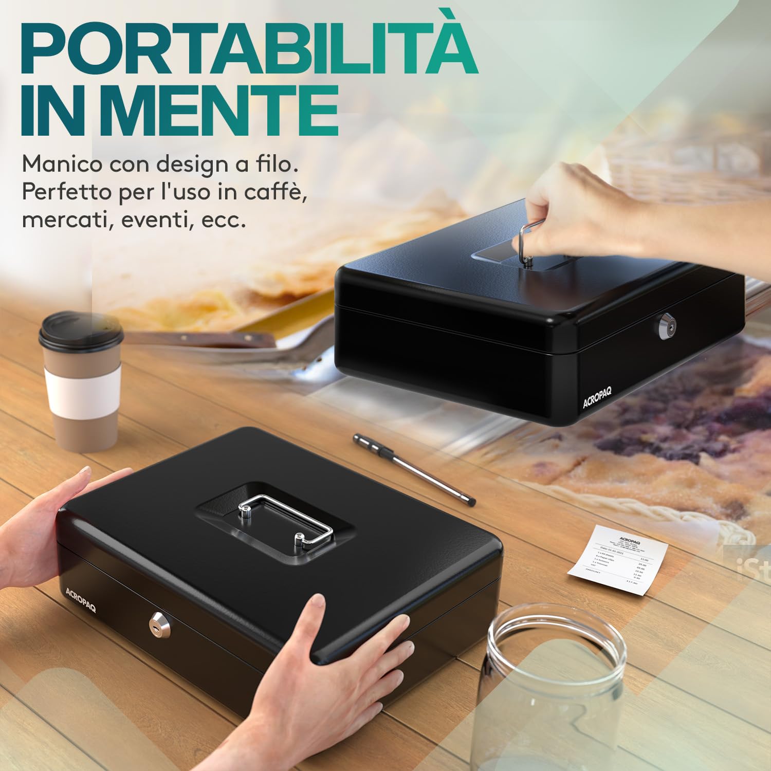ACROPAQ Cassetta di sicurezza per soldi - (30 x 24 x 9 cm), Cassetta porta soldi con contamonete, Struttura in acciaio, Con 2 chiavi incluse, Nero - Porta banconote