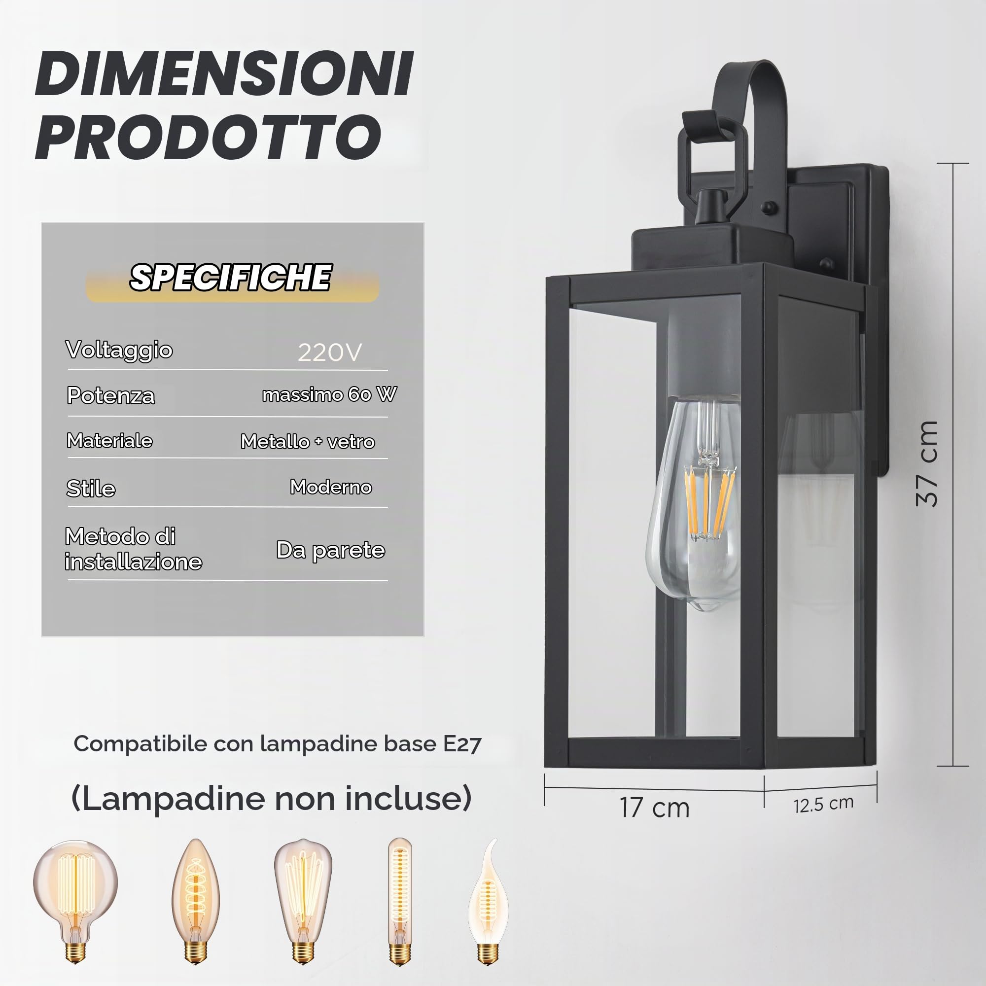FTL Applique da Parete E27 Esterno, Nero Luci da Esterno a Parete, Moderno Portico Lampade Lanterna da Esterne, IP44 Impermeabile Applique a Muro Della Porta Anteriore per Giardino Terrazza