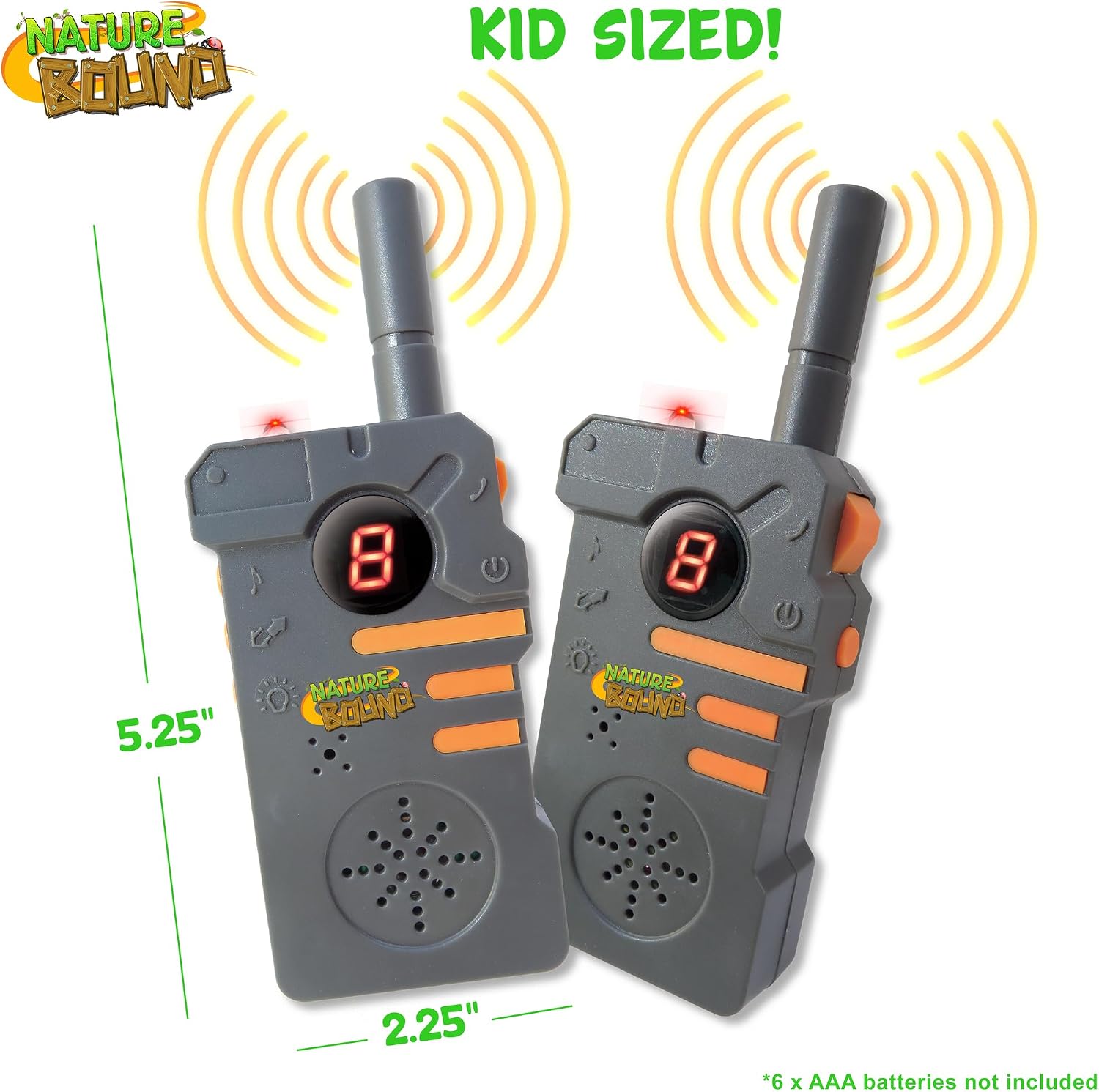 Nature Bound Walkie Talkies for Kids with Up to Two Mile Range and Built in Flashlight, 462 mhz, Set to Two, Belt Clips, for Boys and Girls Ages 5+, Grey