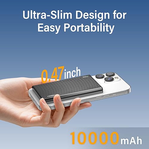 Miniatura 2 de ZBF Cargador portátil inalámbrico magnético, cargador de banco de energía magnético delgado de 10000 mAh con cable USB-C, cargador de batería