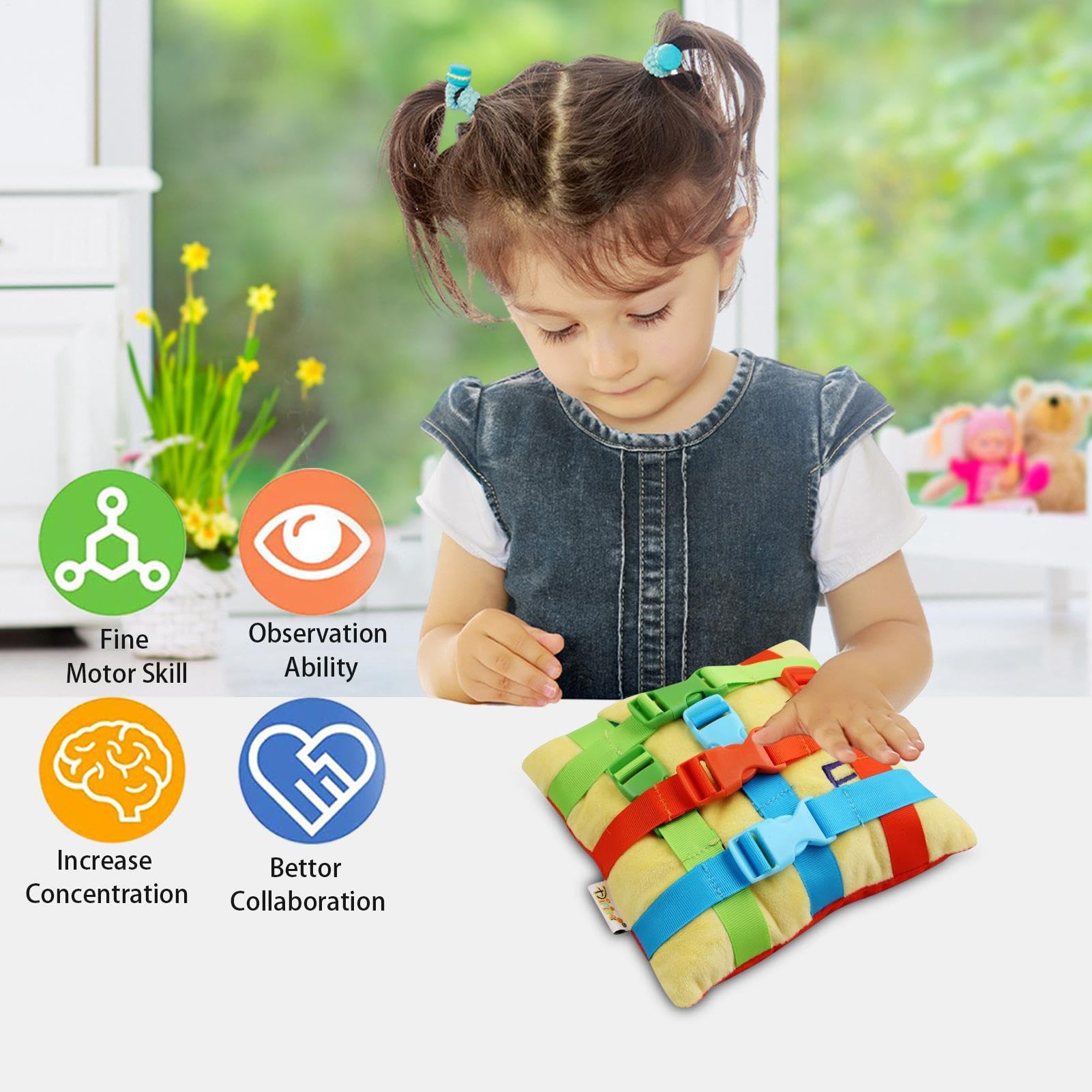 Cojín sensorial con hebilla: educativo para niños pequeños, muñeca con hebilla, educativo de motricidad fina, bolsillo interactivo con cremallera y forma de números, de