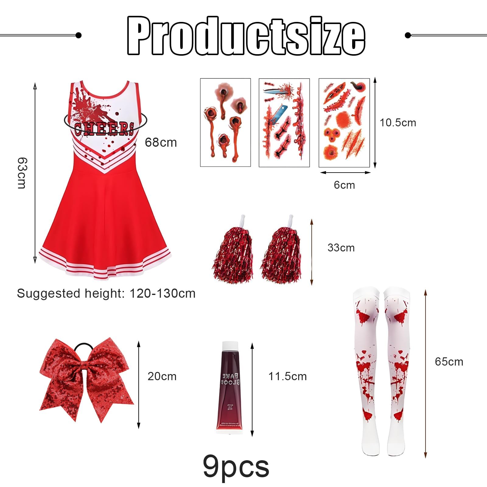 9Pcs Halloween Costumes for Kids Set Zombie Cheerleader Costume Kids, HalloWeen Costumes KIDs Halloween CosTumes Girls Red - Image 2